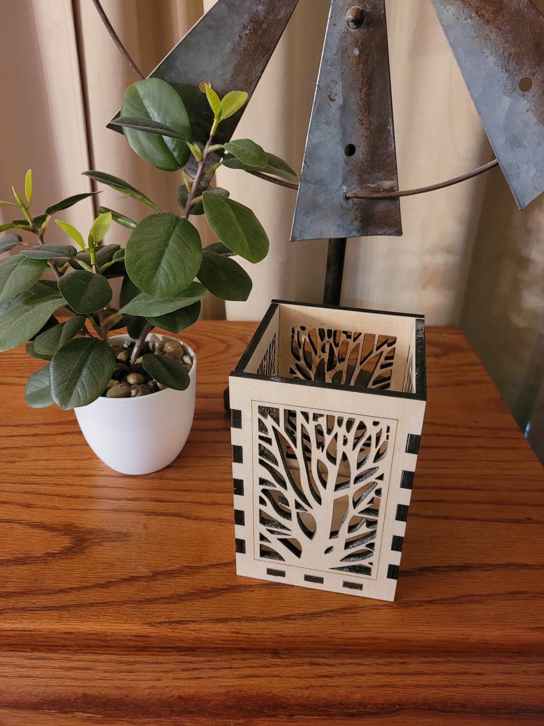 Nature Scene Tea Light Lantern. Laser Cut Wood Lantern with Vellum and LED Candle.