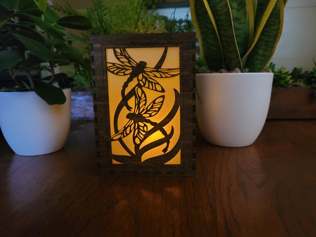 Dragonfly Tea Light Lantern: Engraved Basswood, Rustic Home Decor