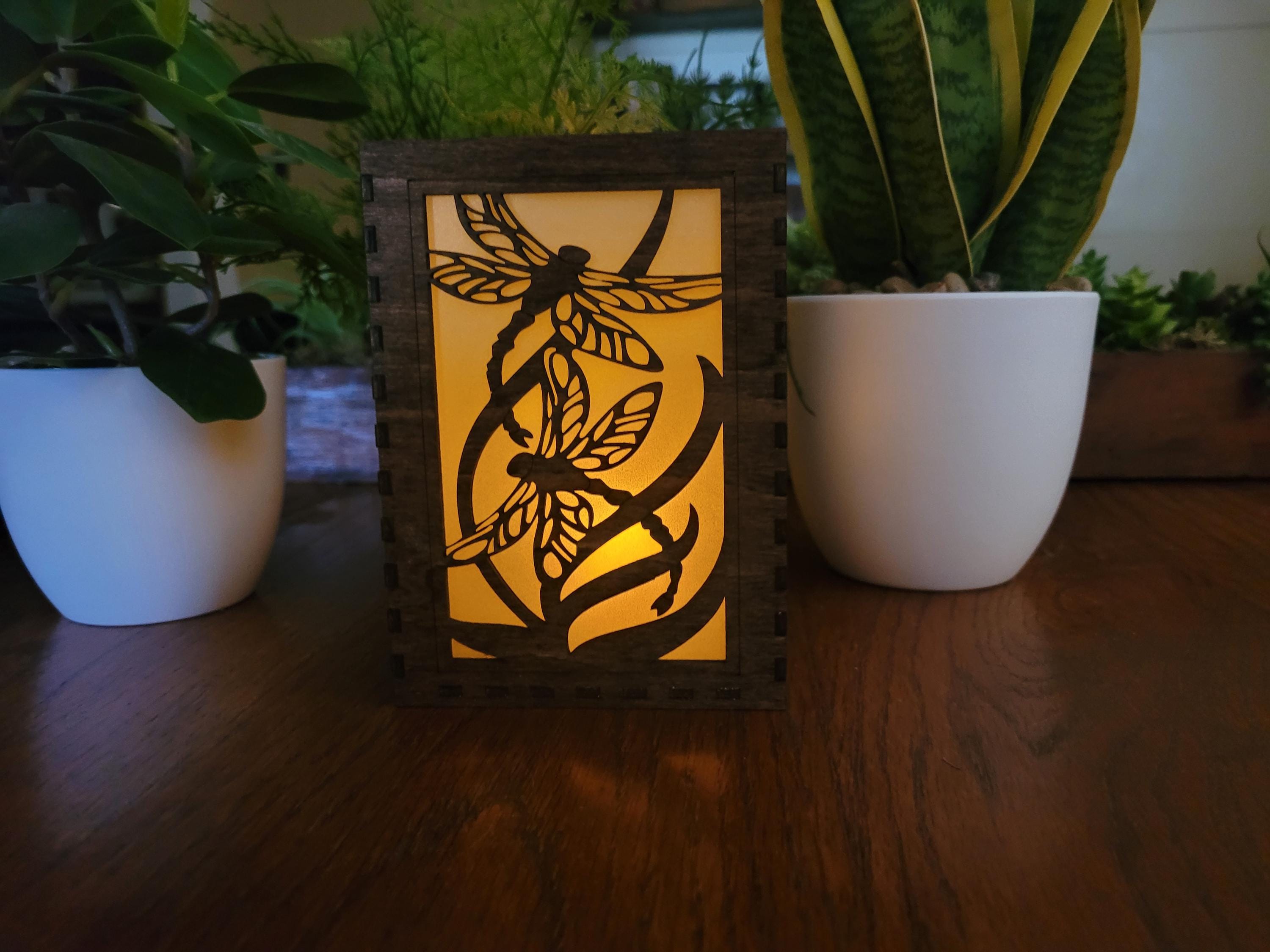 Dragonfly Tea Light Lantern: Chestnut Basswood Wedding Centerpiece