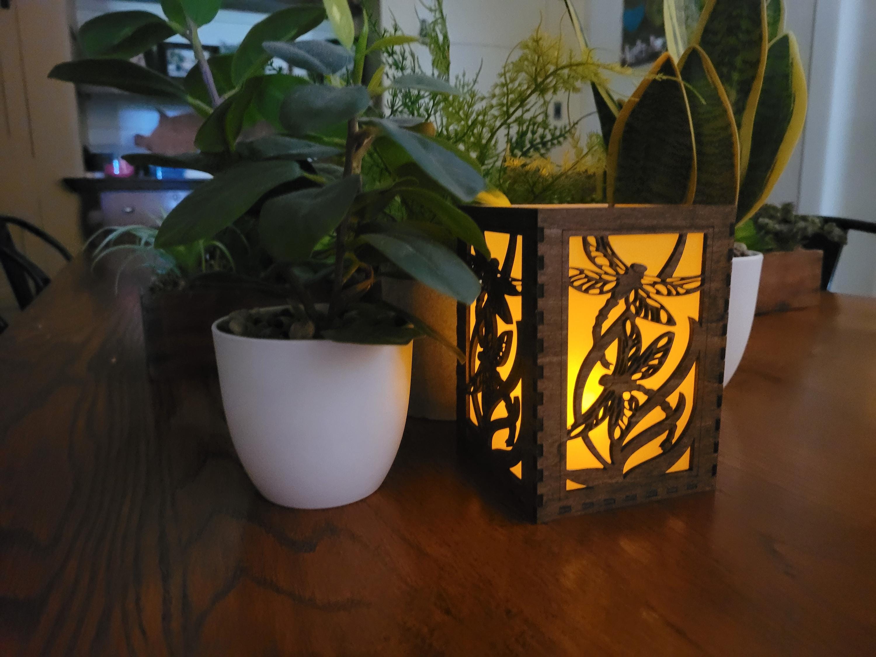 Dragonfly Tea Light Lantern: Chestnut Basswood Wedding Centerpiece