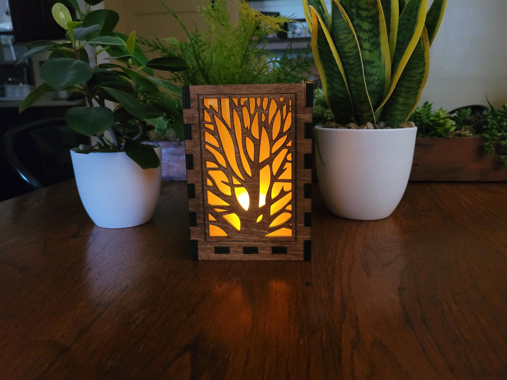 Nature Scene Tea Light Lantern. Laser Cut Wood Lantern with Vellum and LED Candle.