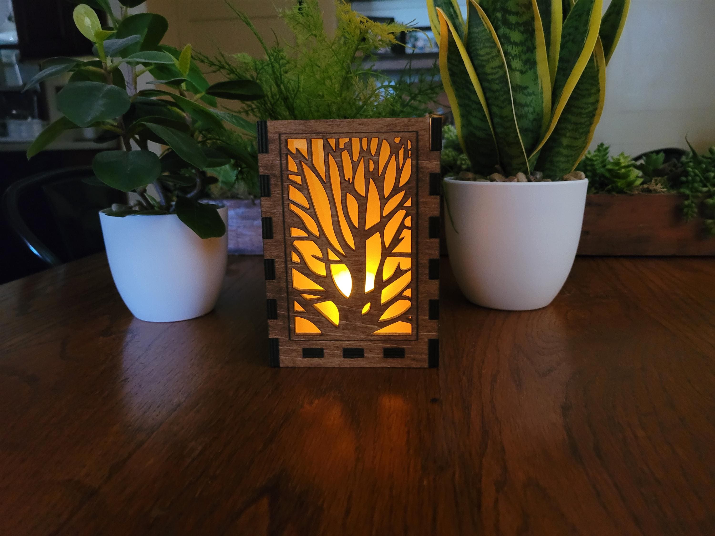 Nature Scene Tea Light Lantern. Laser Cut Wood Lantern with Vellum and LED Candle.