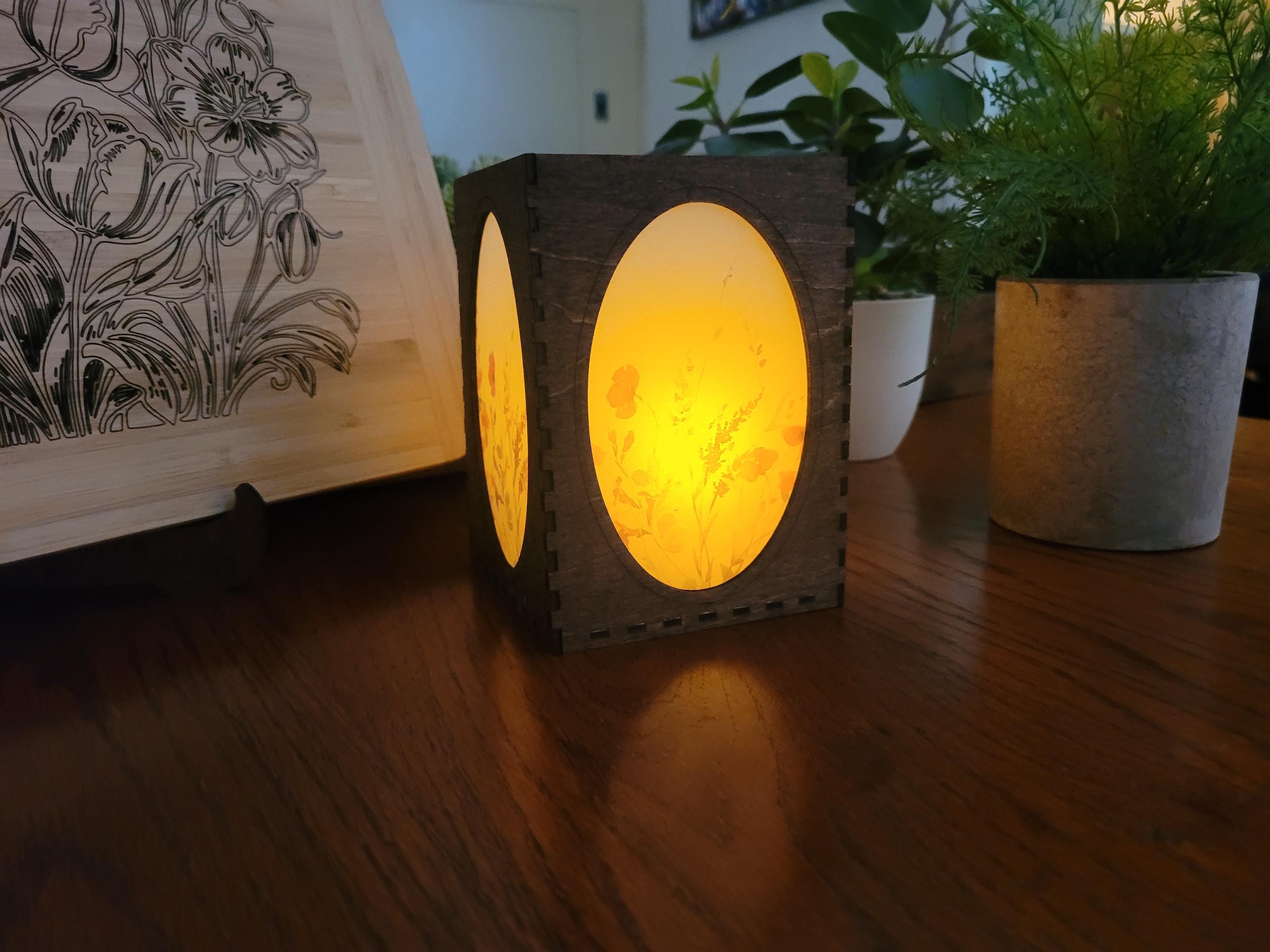 Wedding Table Centerpiece Tea Light Lantern: Laser Cut Wood Lantern with English Chestnut Stain.
