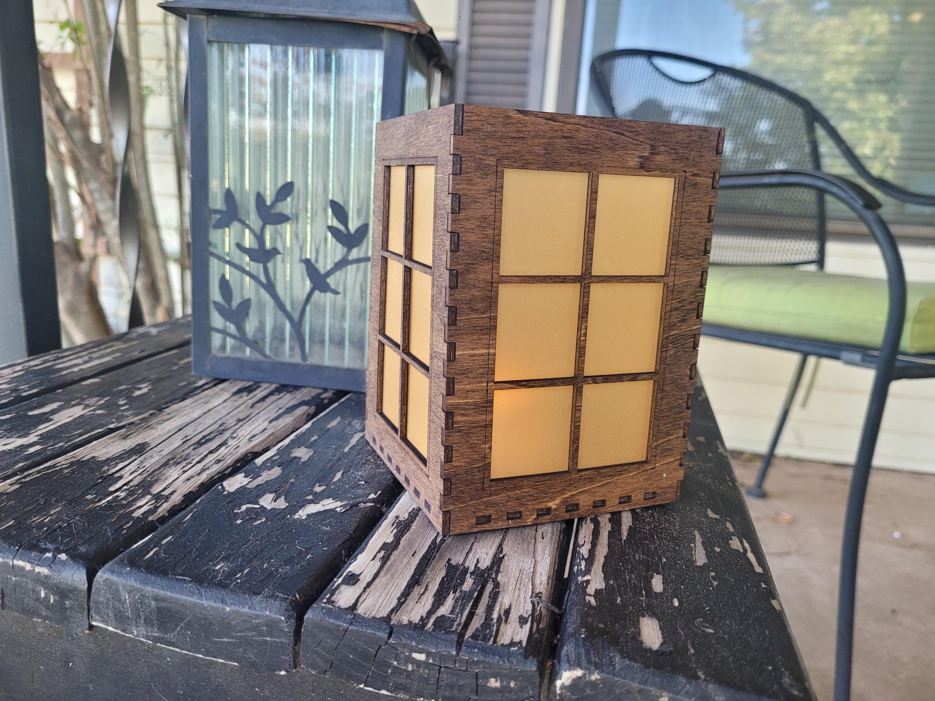 Rustic Window Pane Tea Light Lantern: Laser Cut Basswood with English Chestnut Stain.