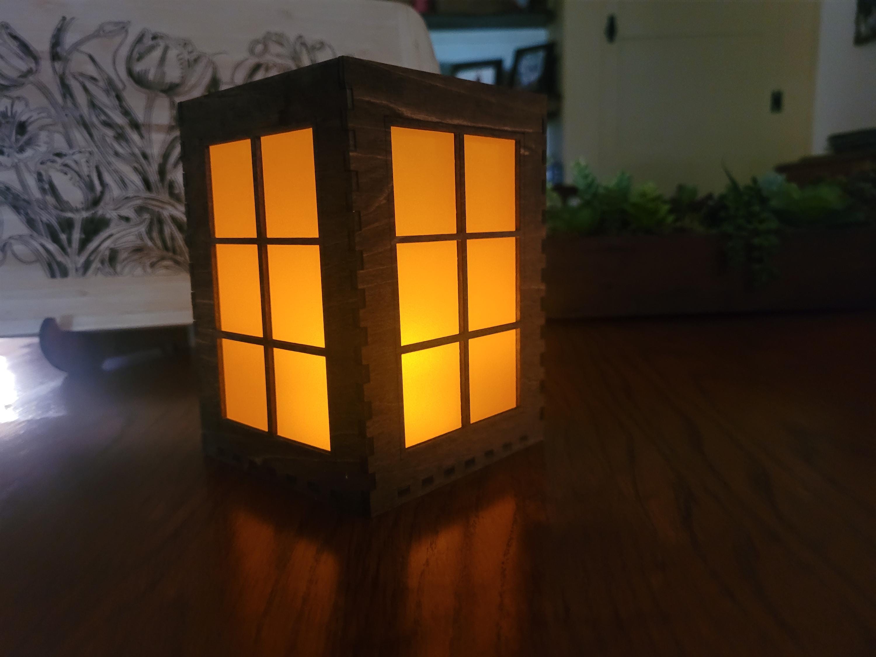 Rustic Window Pane Tea Light Lantern: Laser Cut Basswood with English Chestnut Stain.