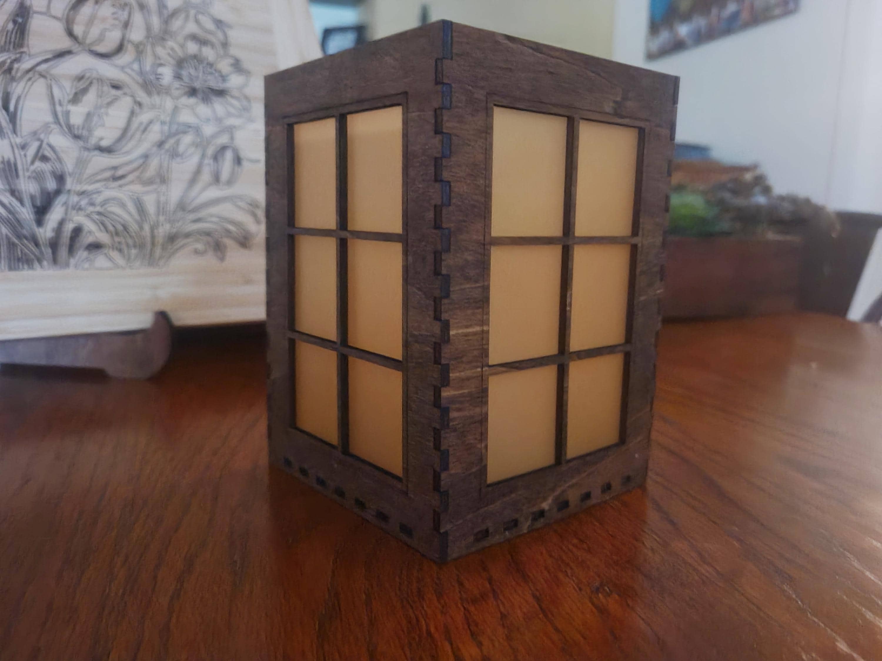 Rustic Window Pane Tea Light Lantern: Laser Cut Basswood with English Chestnut Stain.