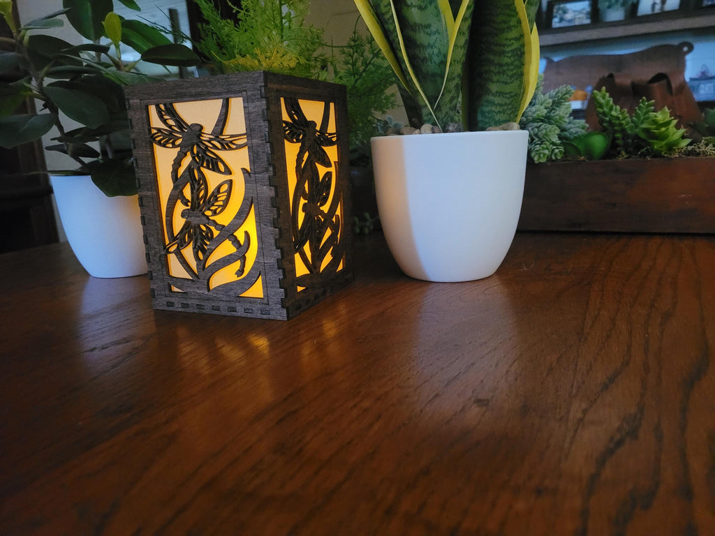 Dragonfly Tea Light Lantern: Engraved Basswood, Rustic Home Decor