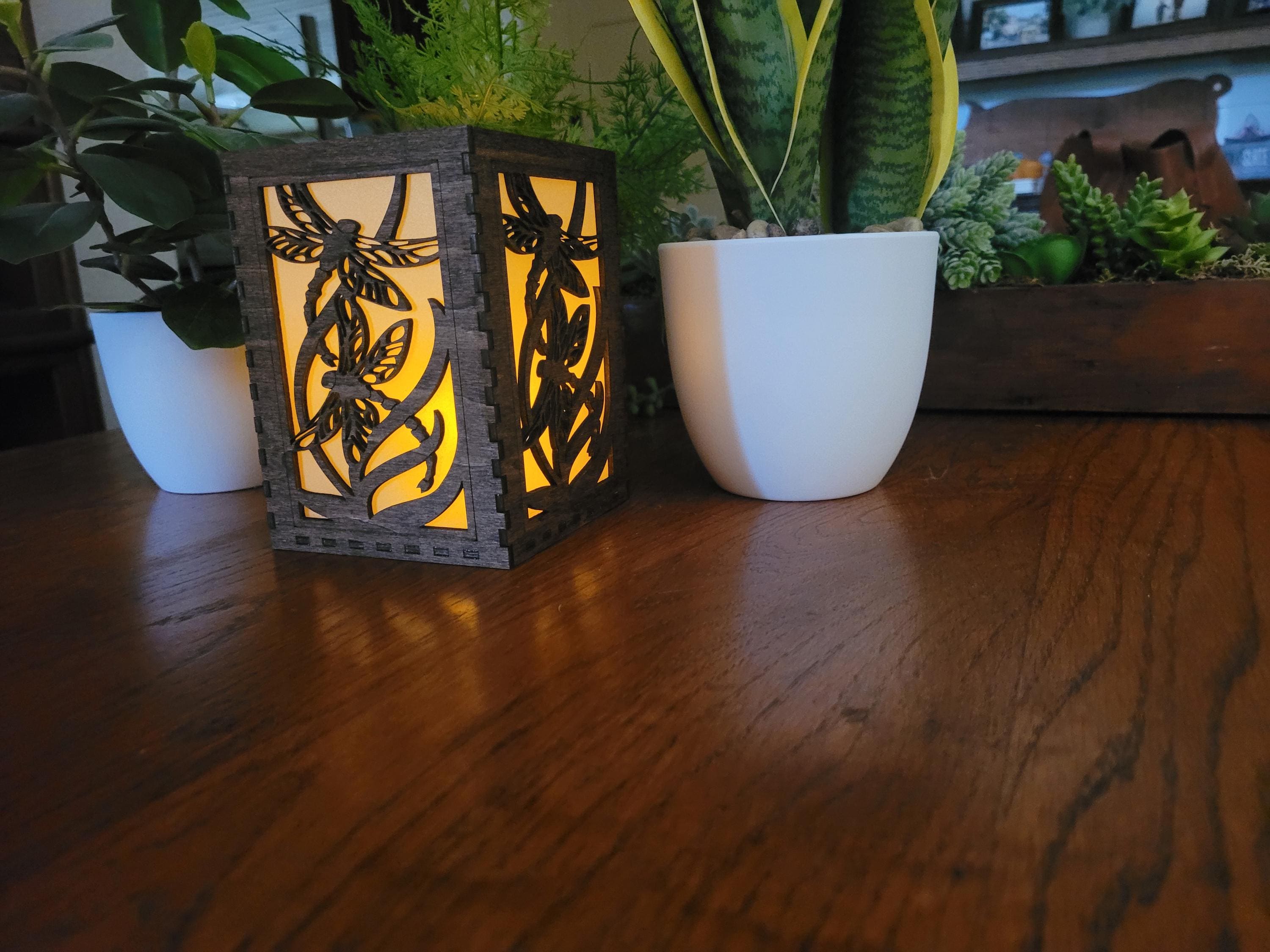 Dragonfly Tea Light Lantern: Chestnut Basswood Wedding Centerpiece