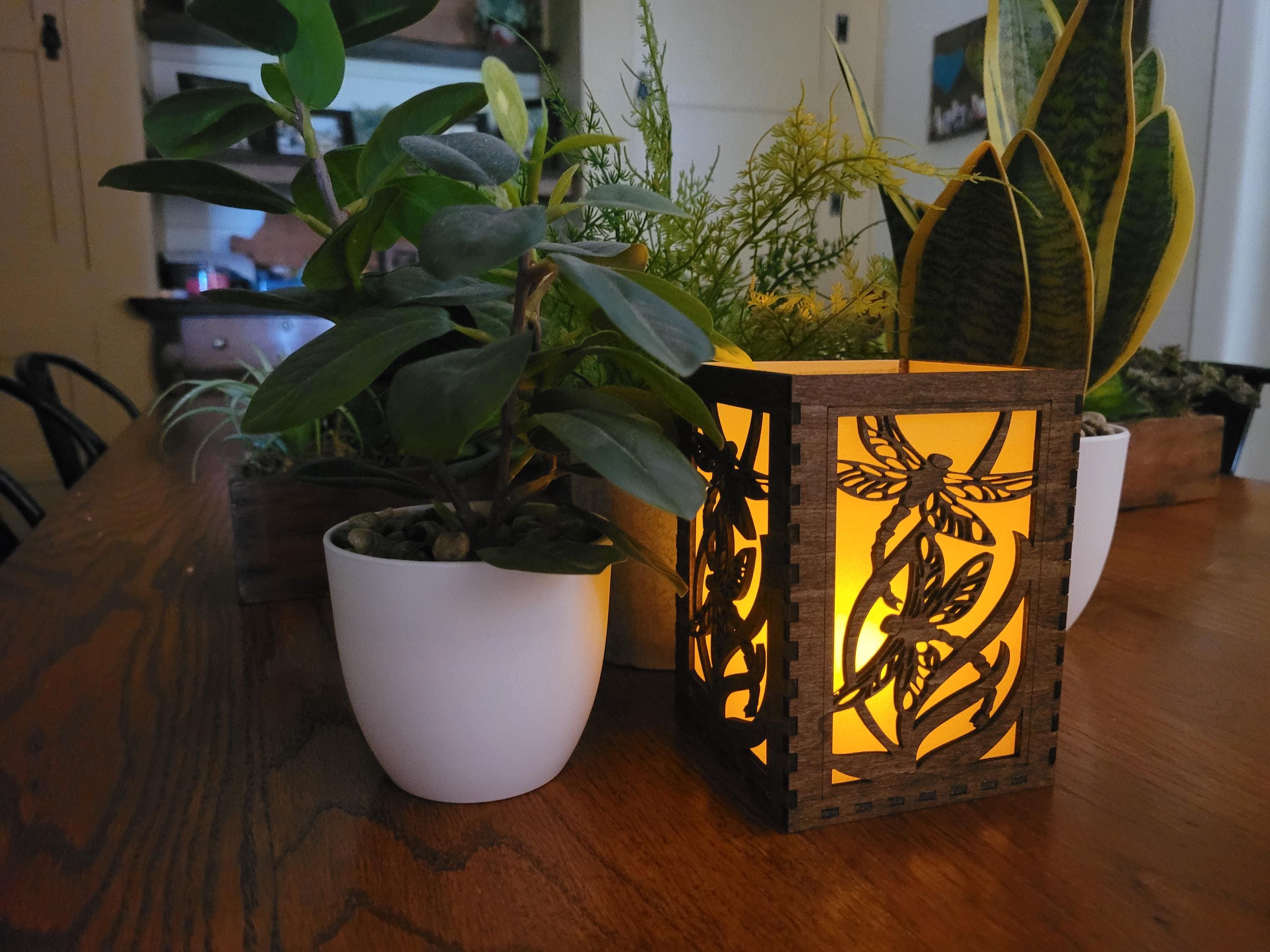Dragonfly Tea Light Lantern: Chestnut Basswood Wedding Centerpiece