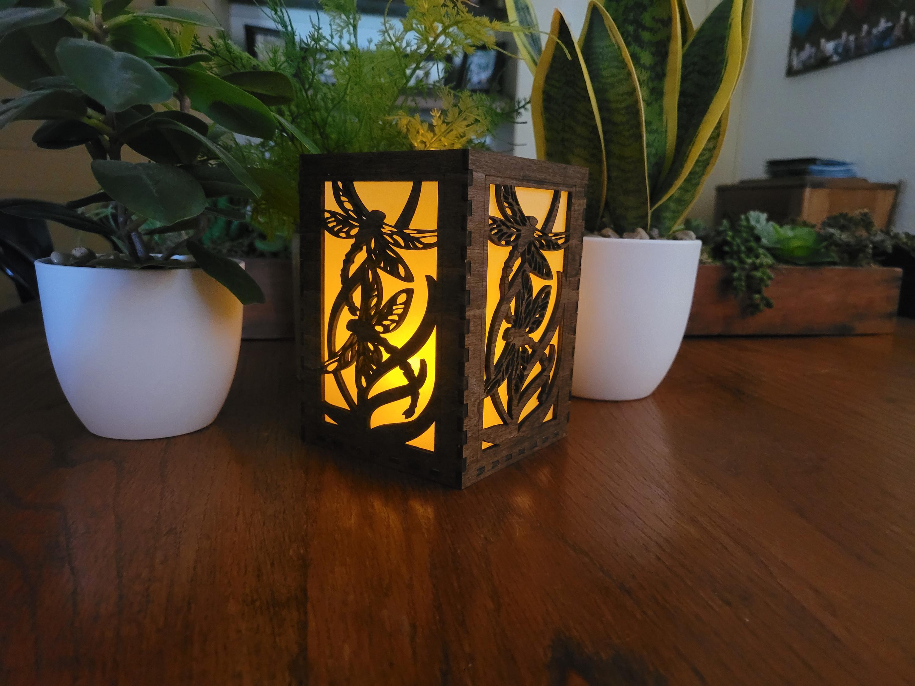 Dragonfly Tea Light Lantern: Chestnut Basswood Wedding Centerpiece