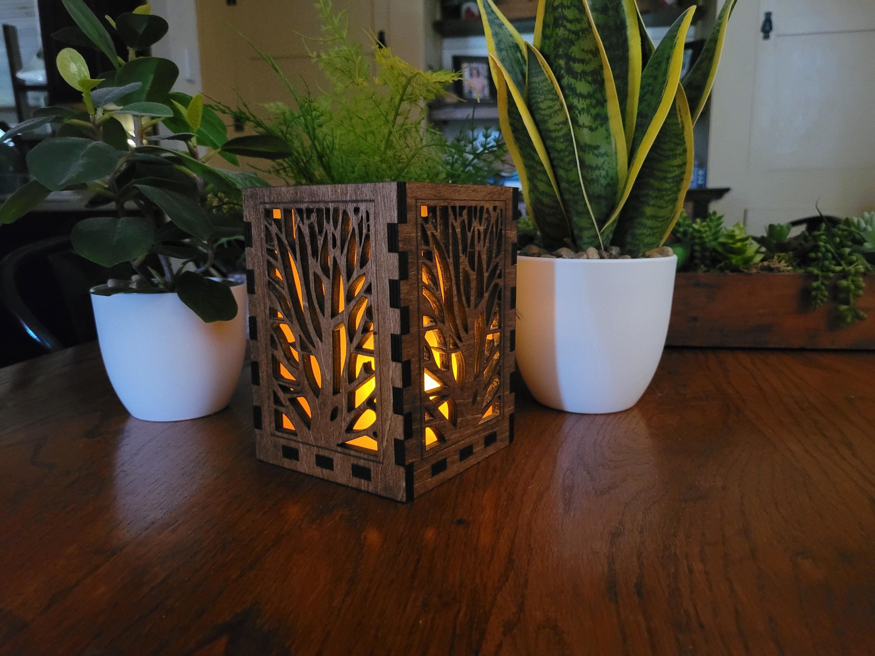Nature Scene Tea Light Lantern. Laser Cut Wood Lantern with Vellum and LED Candle.