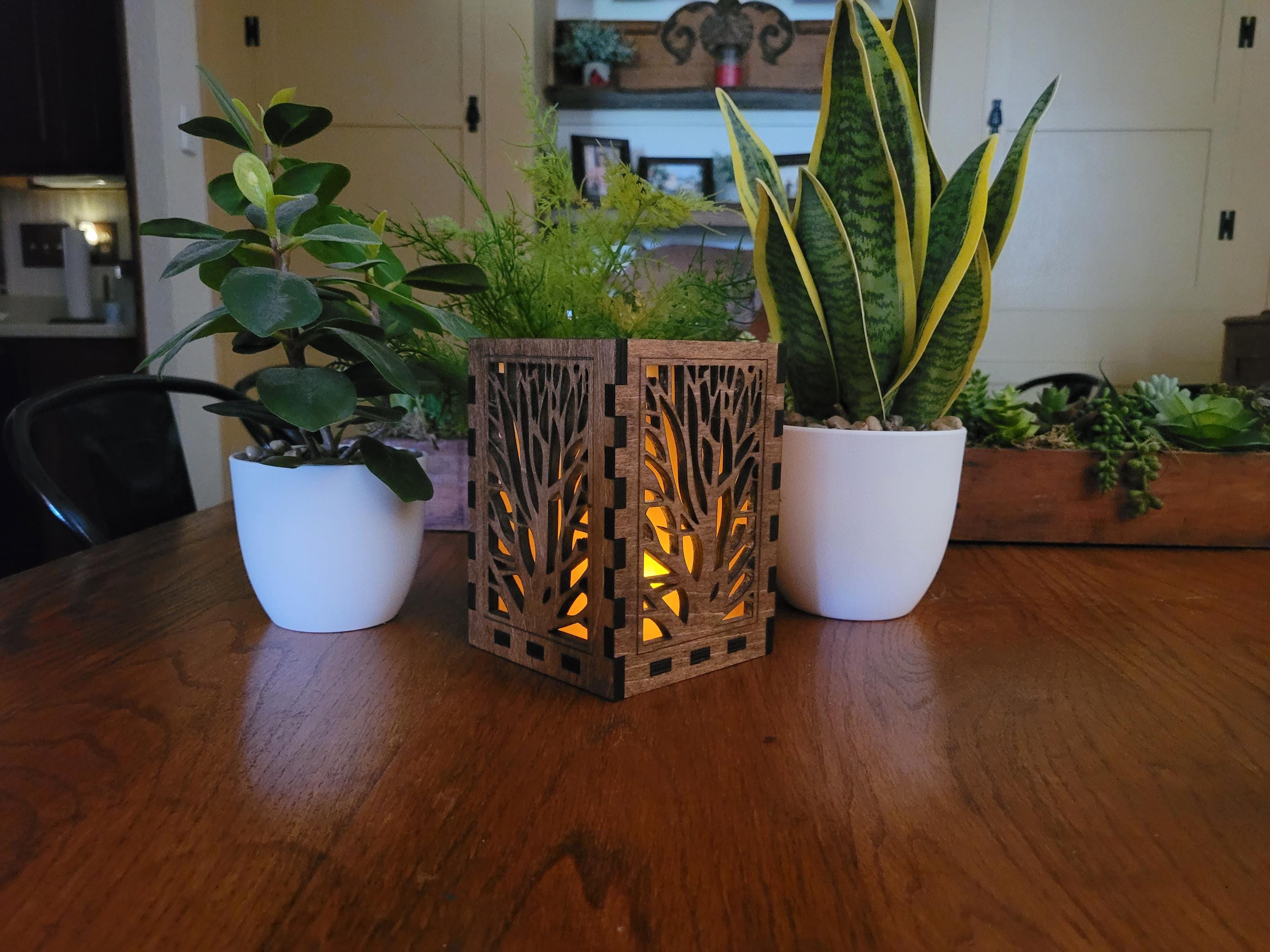 Nature Scene Tea Light Lantern. Laser Cut Wood Lantern with Vellum and LED Candle.
