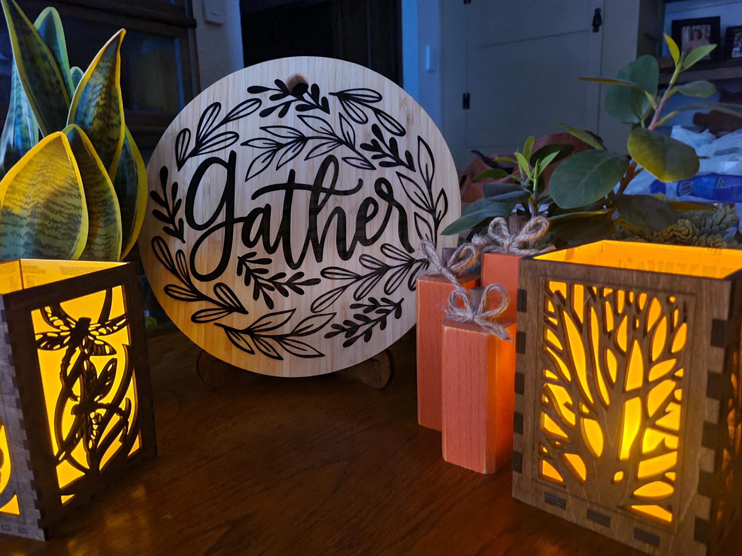 Personalized Bamboo Charcuterie Board: Engraved 'Gather' Graphic