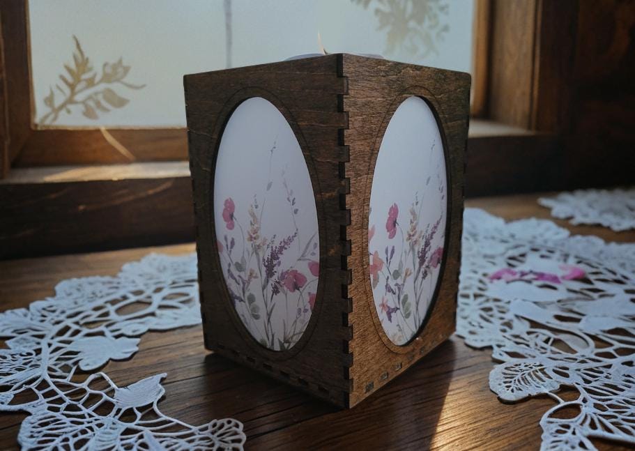 Wedding Table Centerpiece Tea Light Lantern: Laser Cut Wood Lantern with English Chestnut Stain.