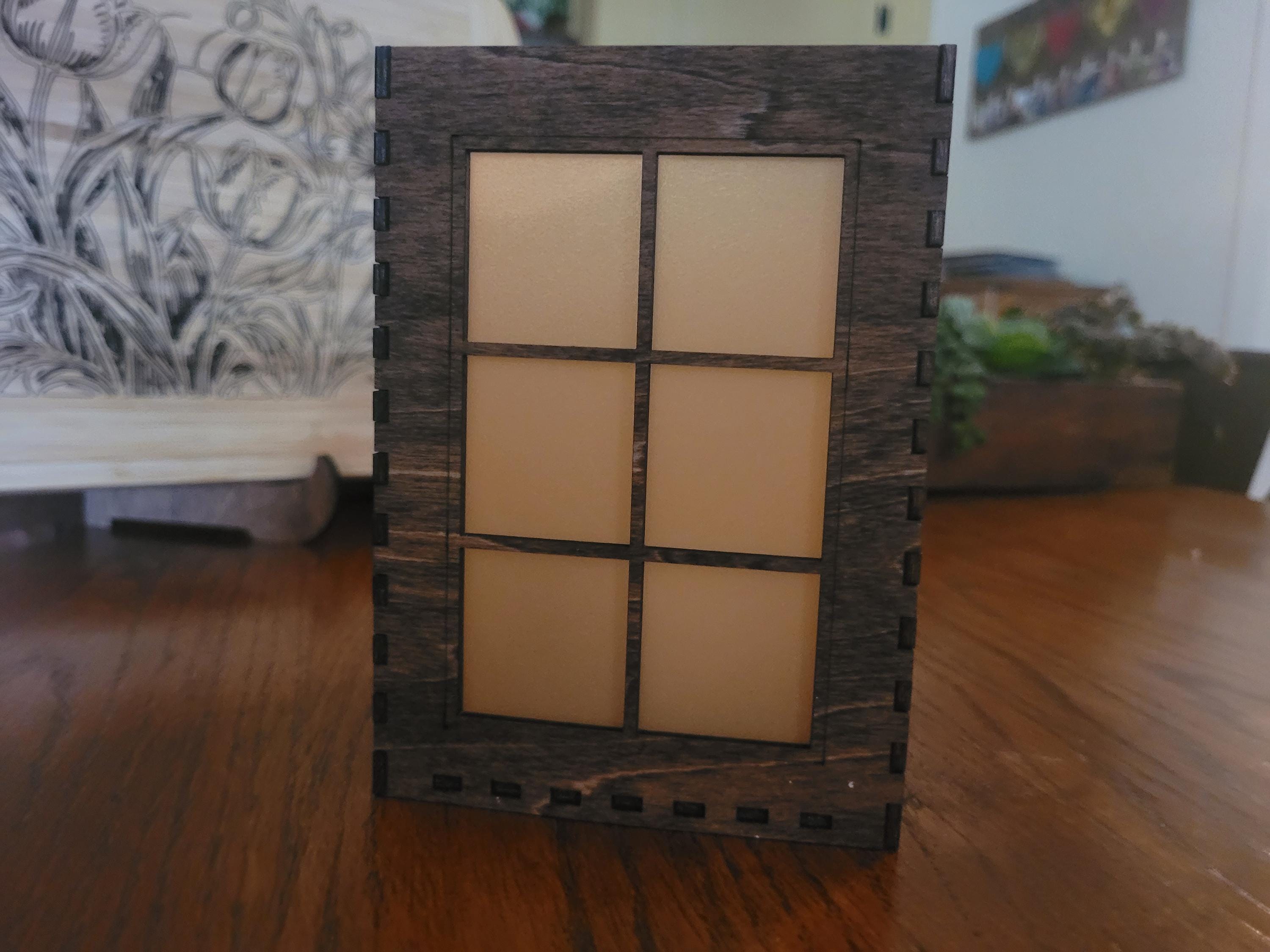 Rustic Window Pane Tea Light Lantern: Laser Cut Basswood with English Chestnut Stain.