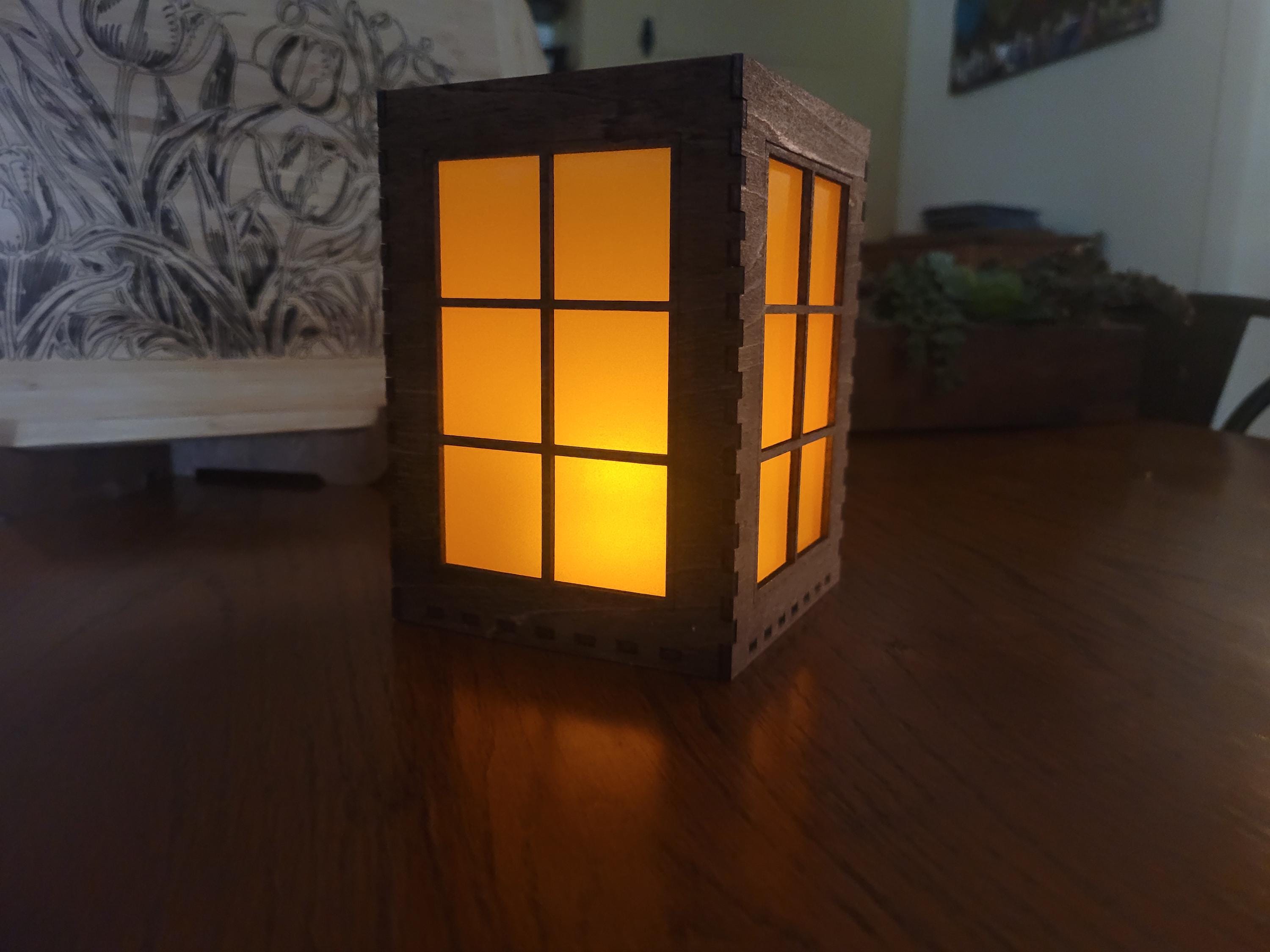 Rustic Window Pane Tea Light Lantern: Laser Cut Basswood with English Chestnut Stain.