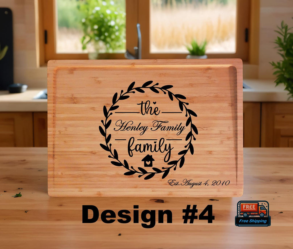 Personalized Bamboo Cutting Board: Engraved Family Name & Wreath