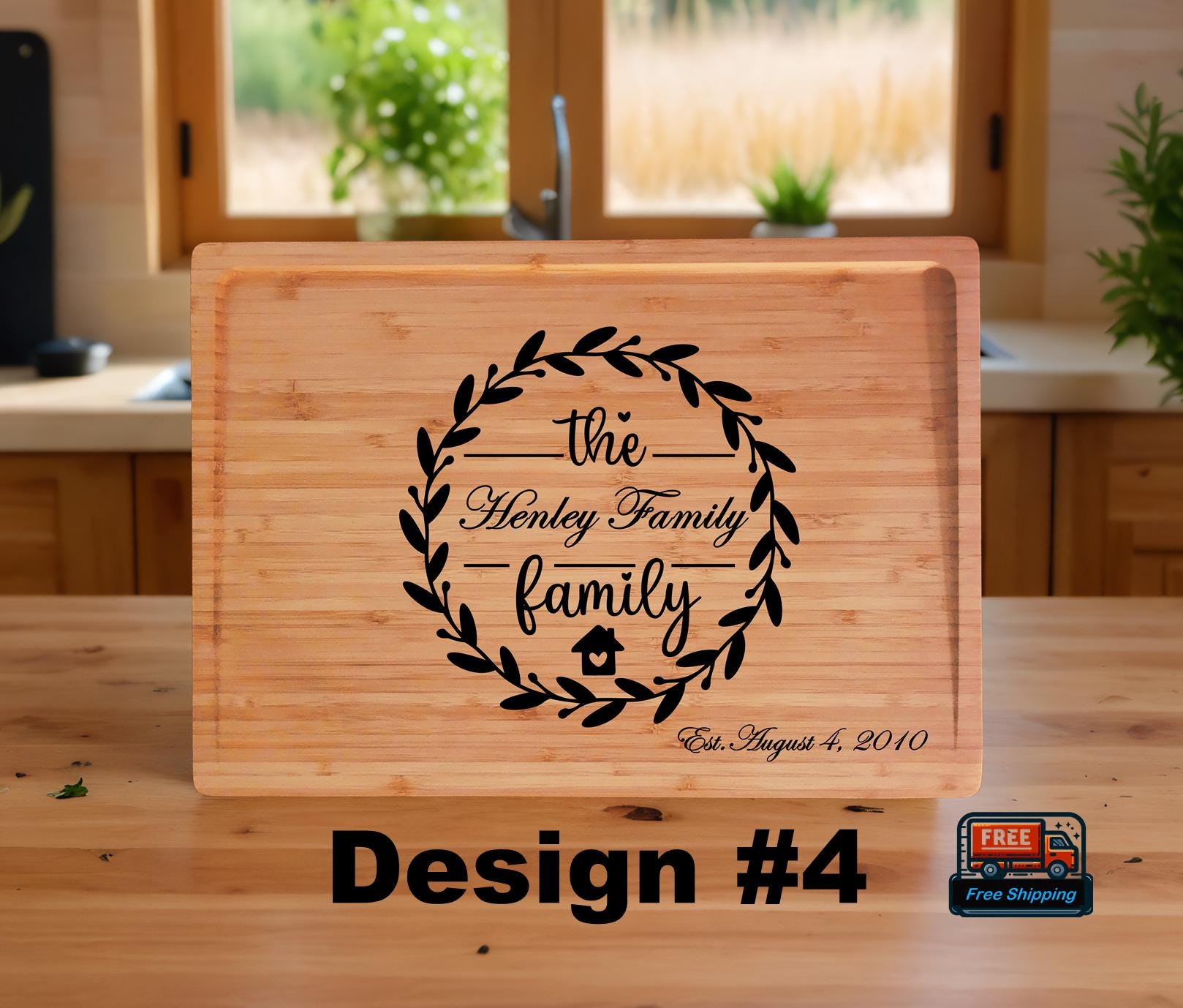 Personalized Bamboo Cutting Board: Engraved Family Name & Wreath