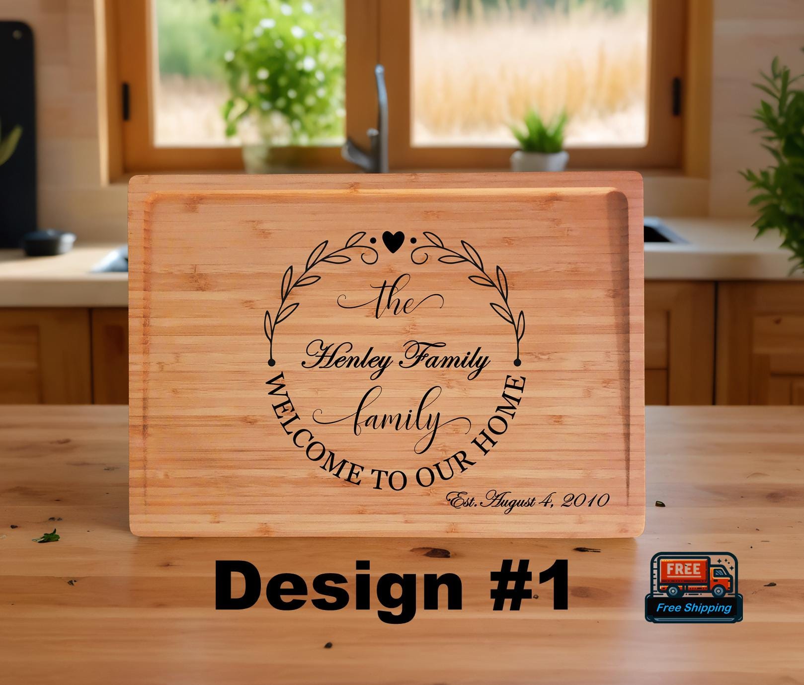 Personalized Bamboo Cutting Board: Engraved Family Name & Wreath