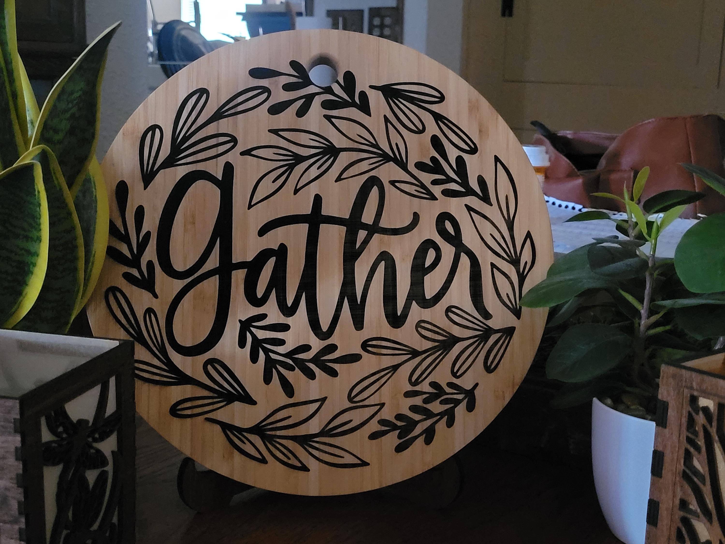 Personalized Bamboo Charcuterie Board: Engraved 'Gather' Graphic