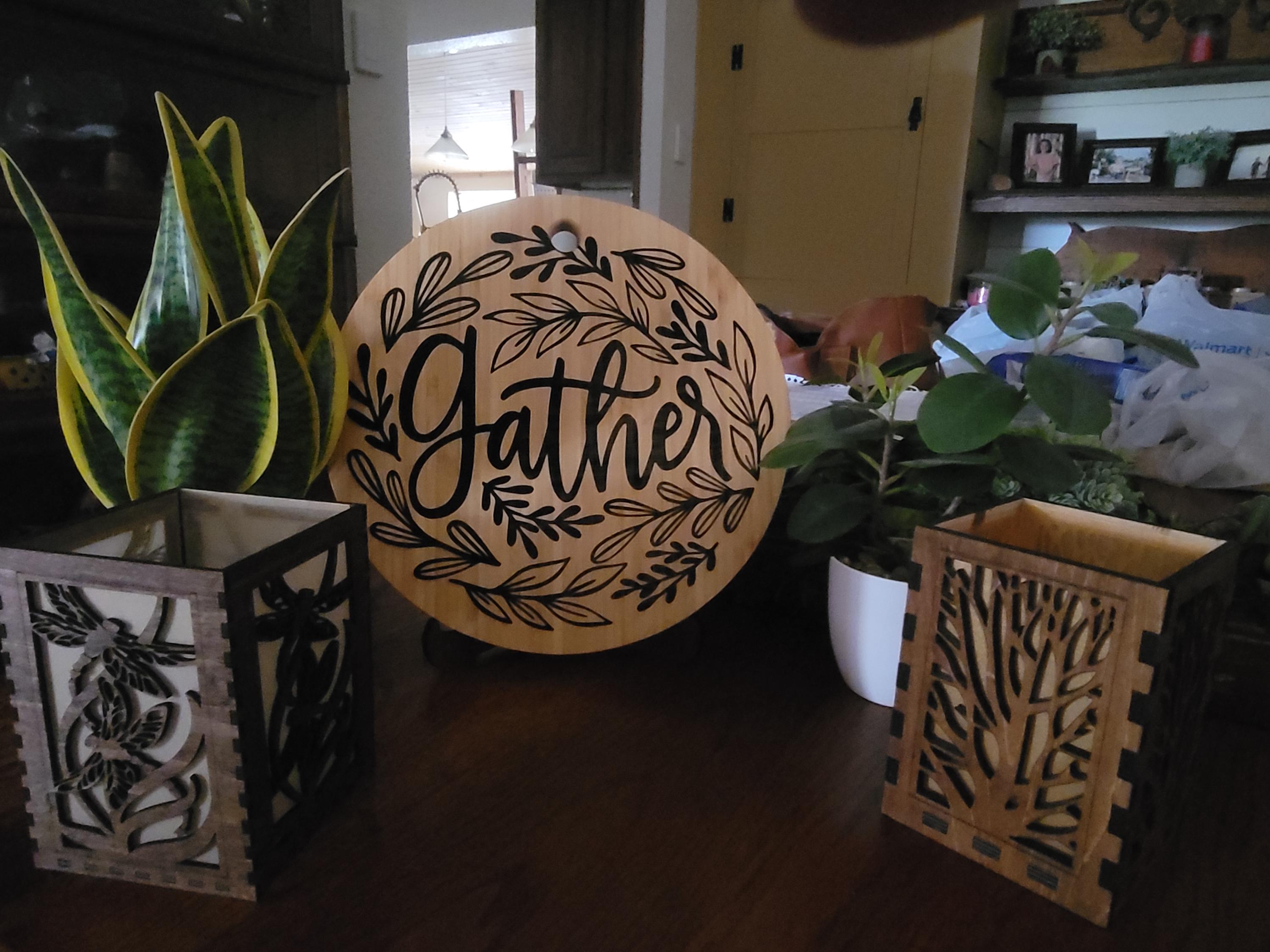 Personalized Bamboo Charcuterie Board: Engraved 'Gather' Graphic