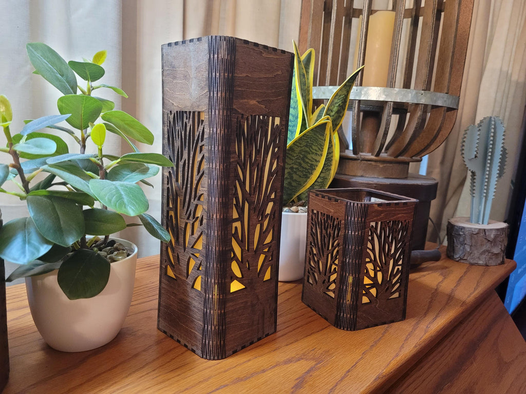 Personalized Tea Light Lantern Set: Engraved Wooden Candle Holders