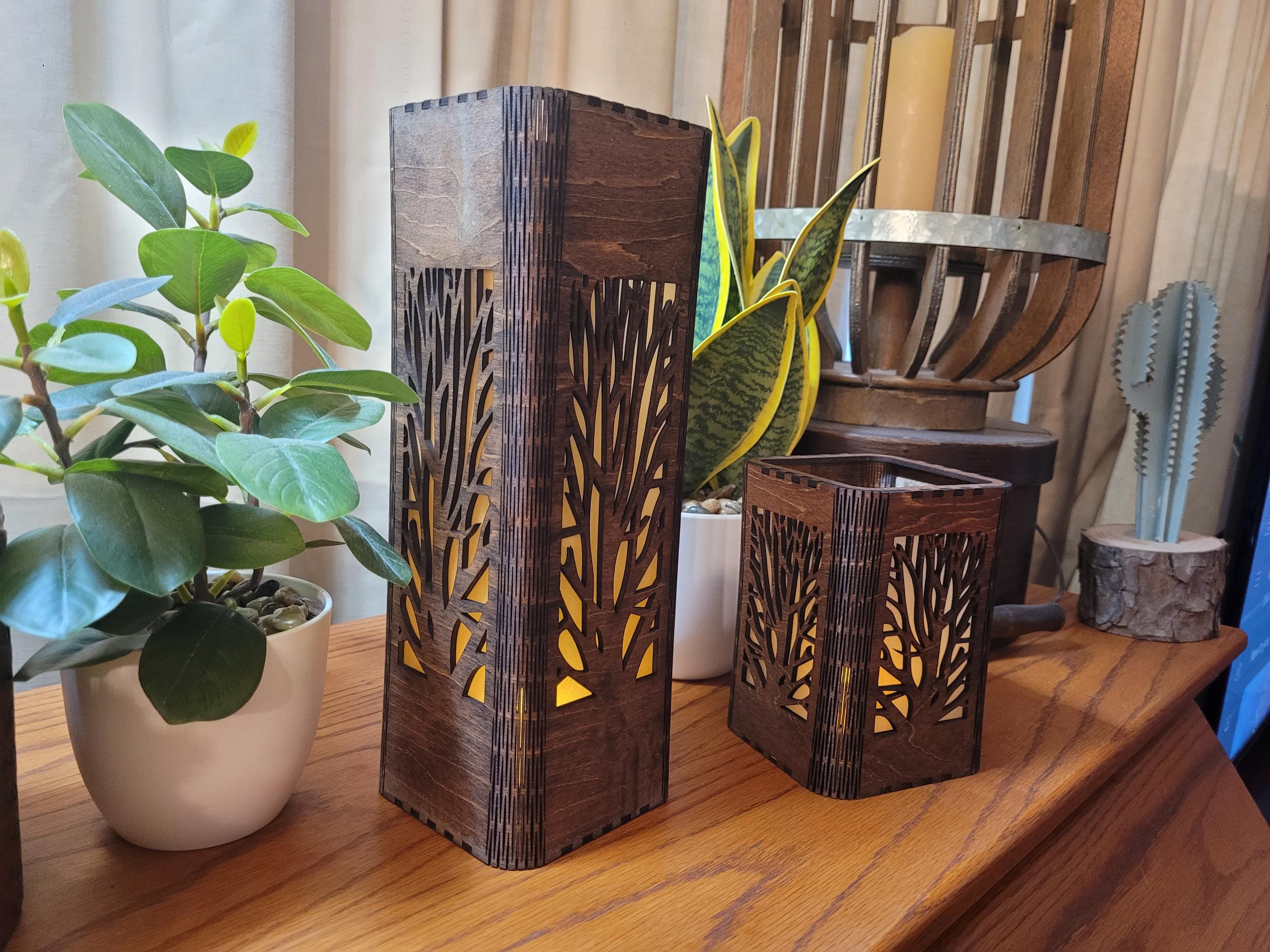 Personalized Tea Light Lantern Set: Engraved Wooden Candle Holders