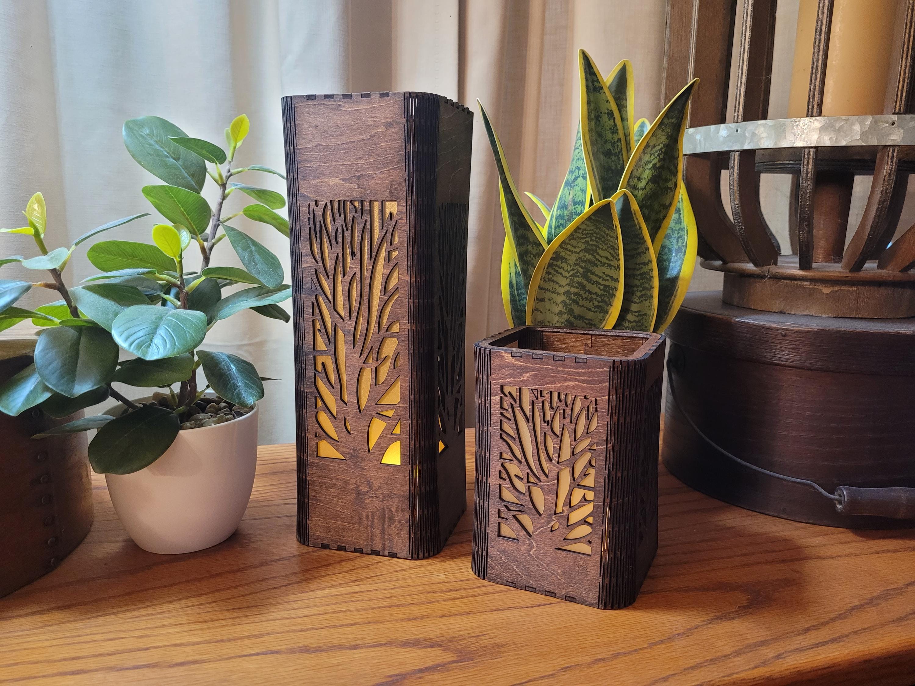 Personalized Tea Light Lantern Set: Engraved Wooden Candle Holders
