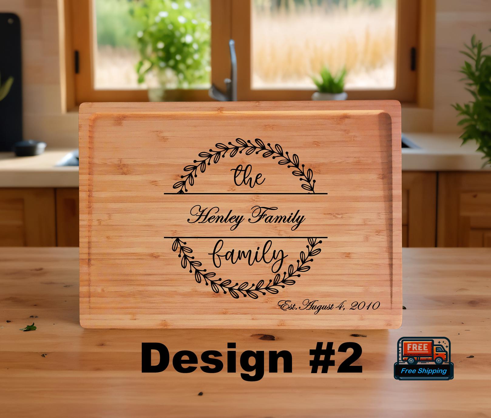 Personalized Bamboo Cutting Board: Engraved Family Name & Wreath