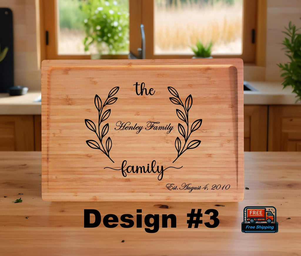 Personalized Bamboo Cutting Board: Engraved Family Name & Wreath