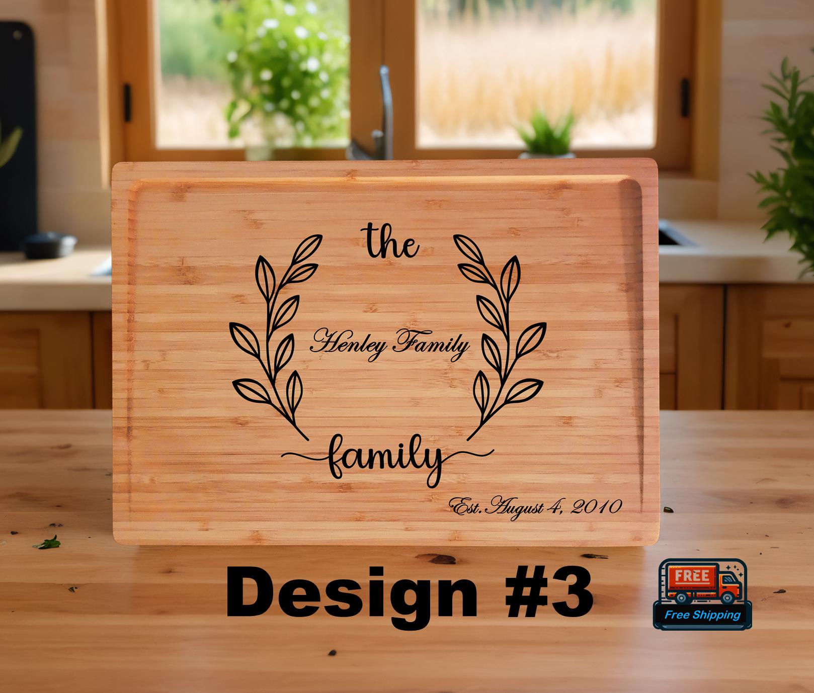 Personalized Bamboo Cutting Board: Engraved Family Name & Wreath