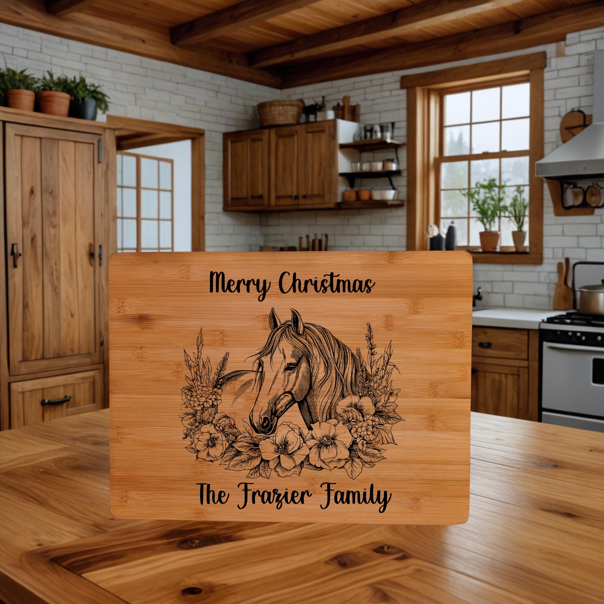 Engraved Horse Cutting Board: Personalized Equestrian Gift, Bamboo Charcuterie