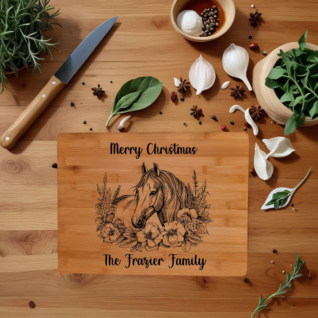 Engraved Horse Cutting Board: Personalized Equestrian Gift, Bamboo Charcuterie