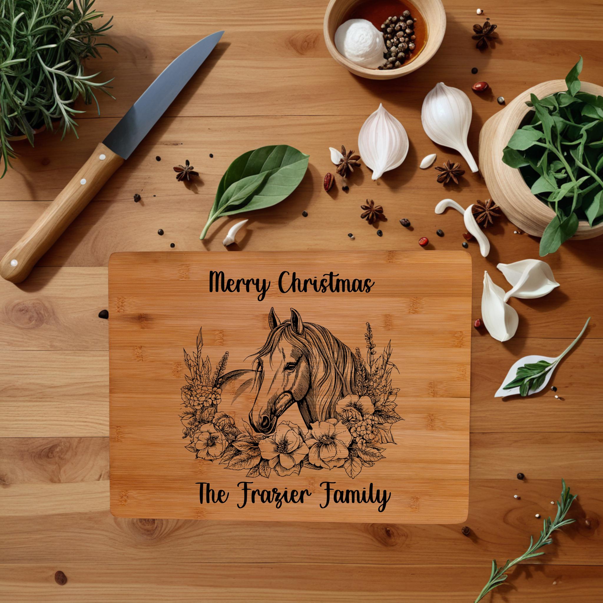 Engraved Horse Cutting Board: Personalized Equestrian Gift, Bamboo Charcuterie