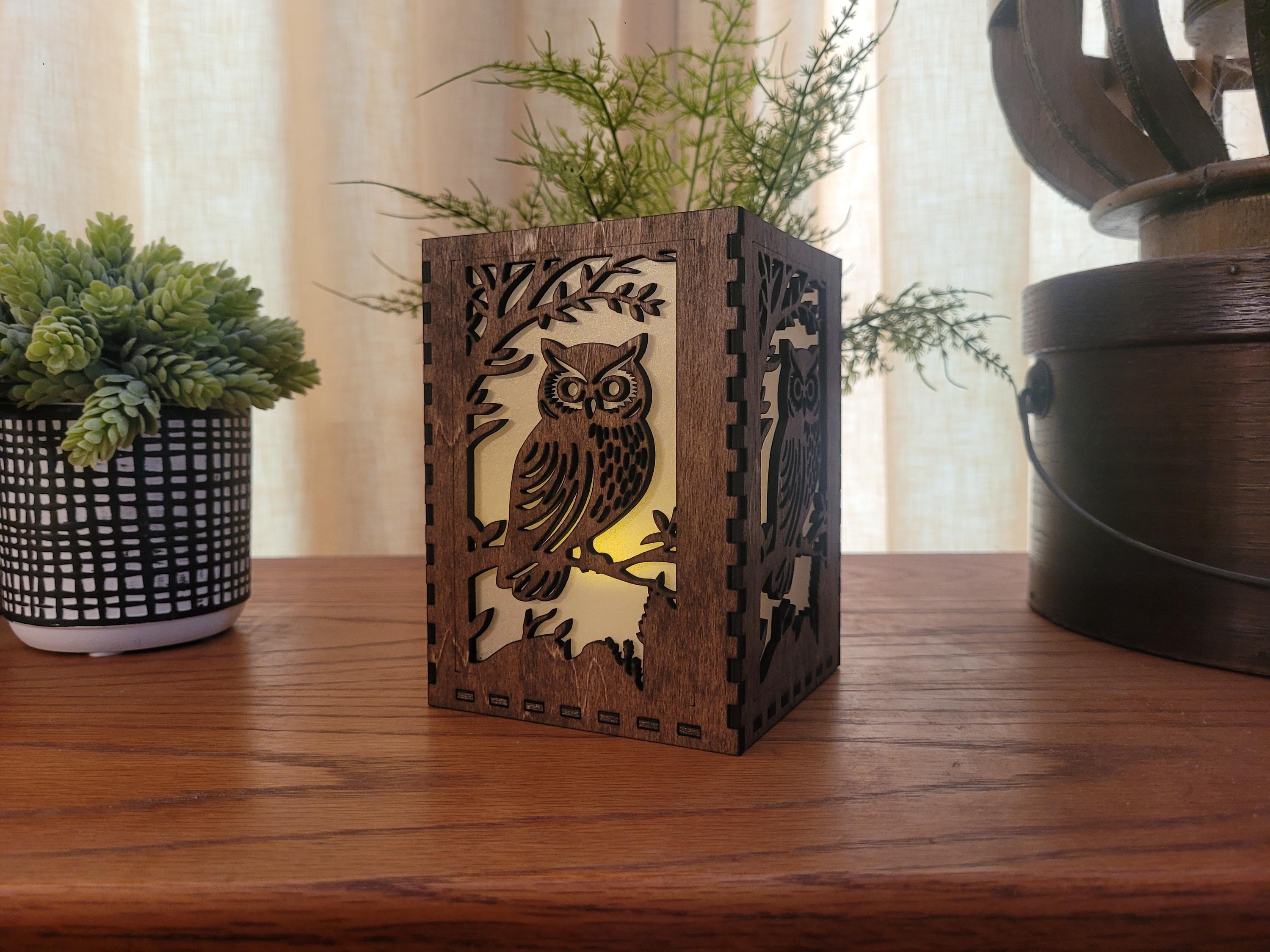 Owl Tea Light Lantern: Personalized Laser Cut Wood Lantern. Unique Housewarming & Birthday Gift