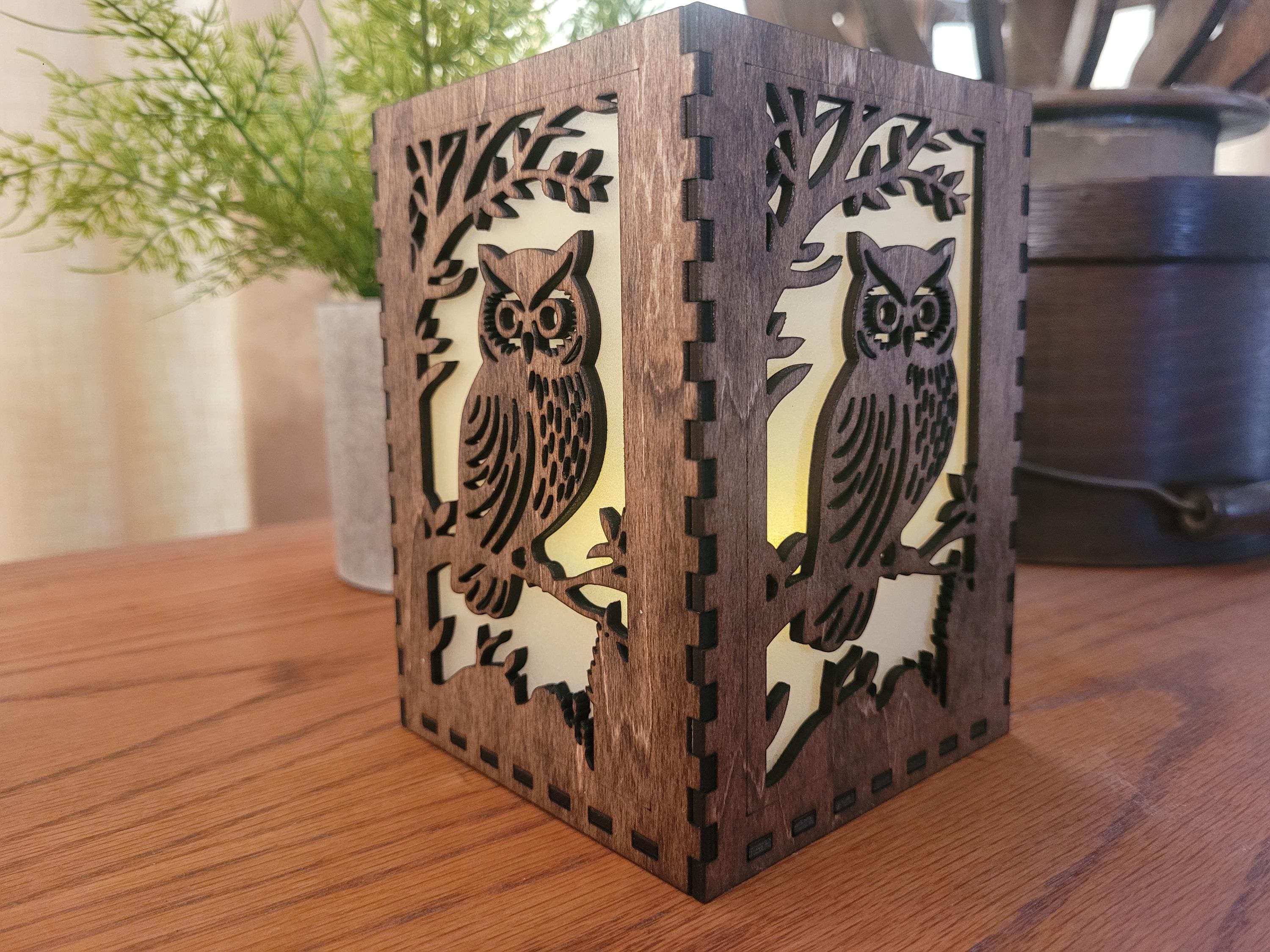 Owl Tea Light Lantern: Personalized Laser Cut Wood Lantern. Unique Housewarming & Birthday Gift