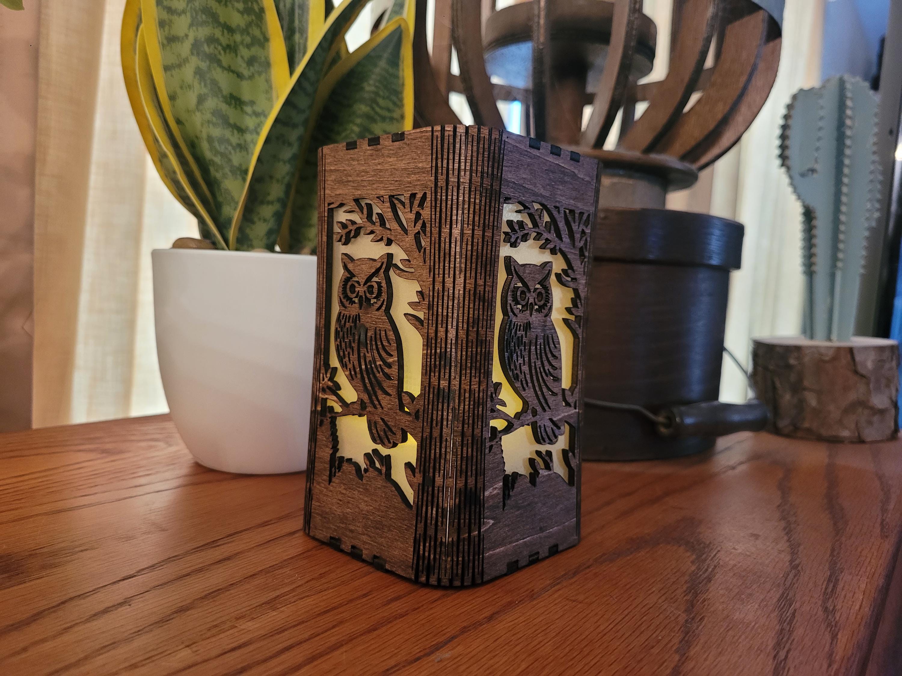 Owl Tea Light Lantern. Cute Owl in Tree. Personalized Anniversary Gift. Custom Engraved Lantern