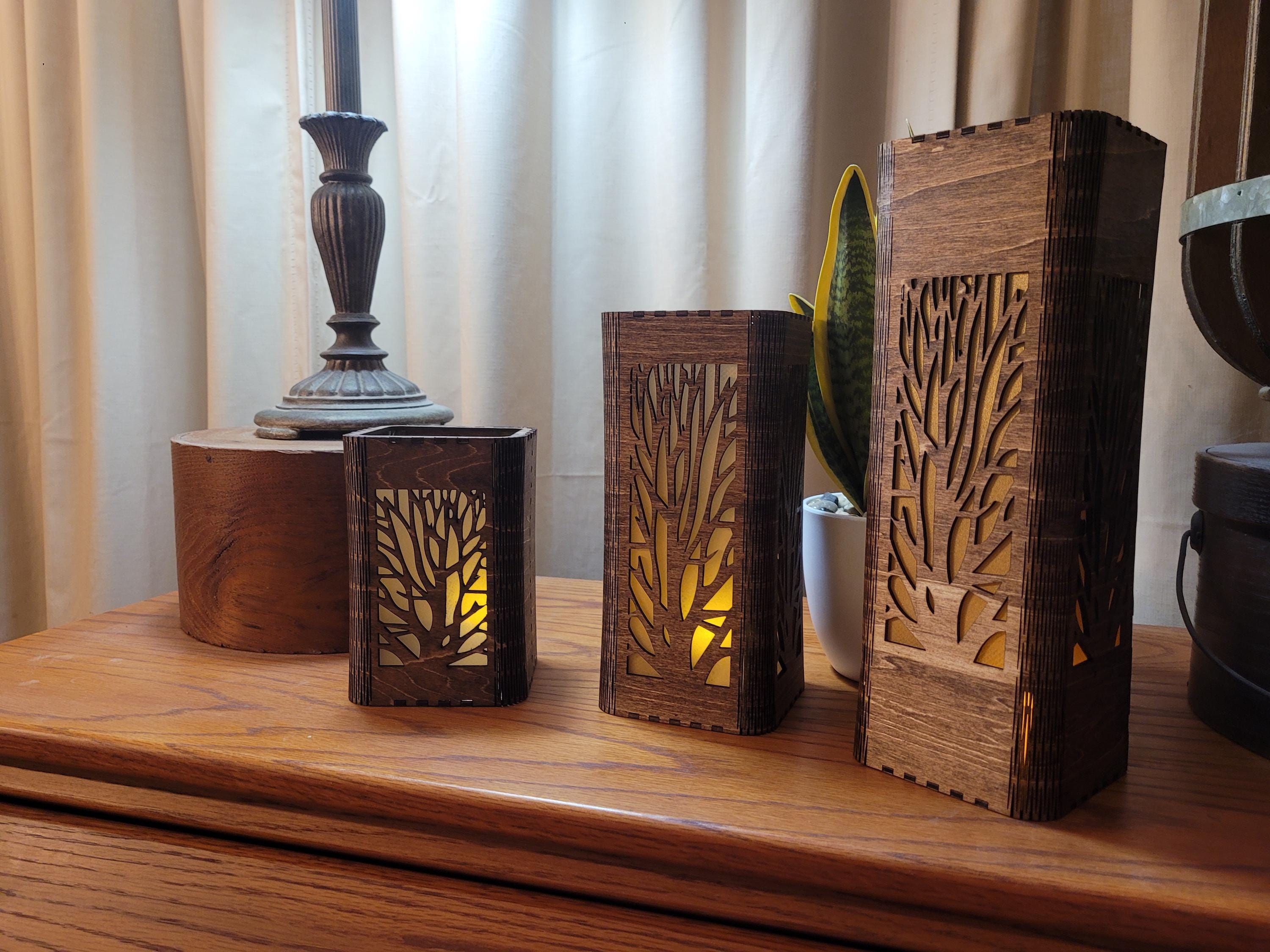 Personalized Tea Light Lantern Set: Engraved Wooden Candle Holders