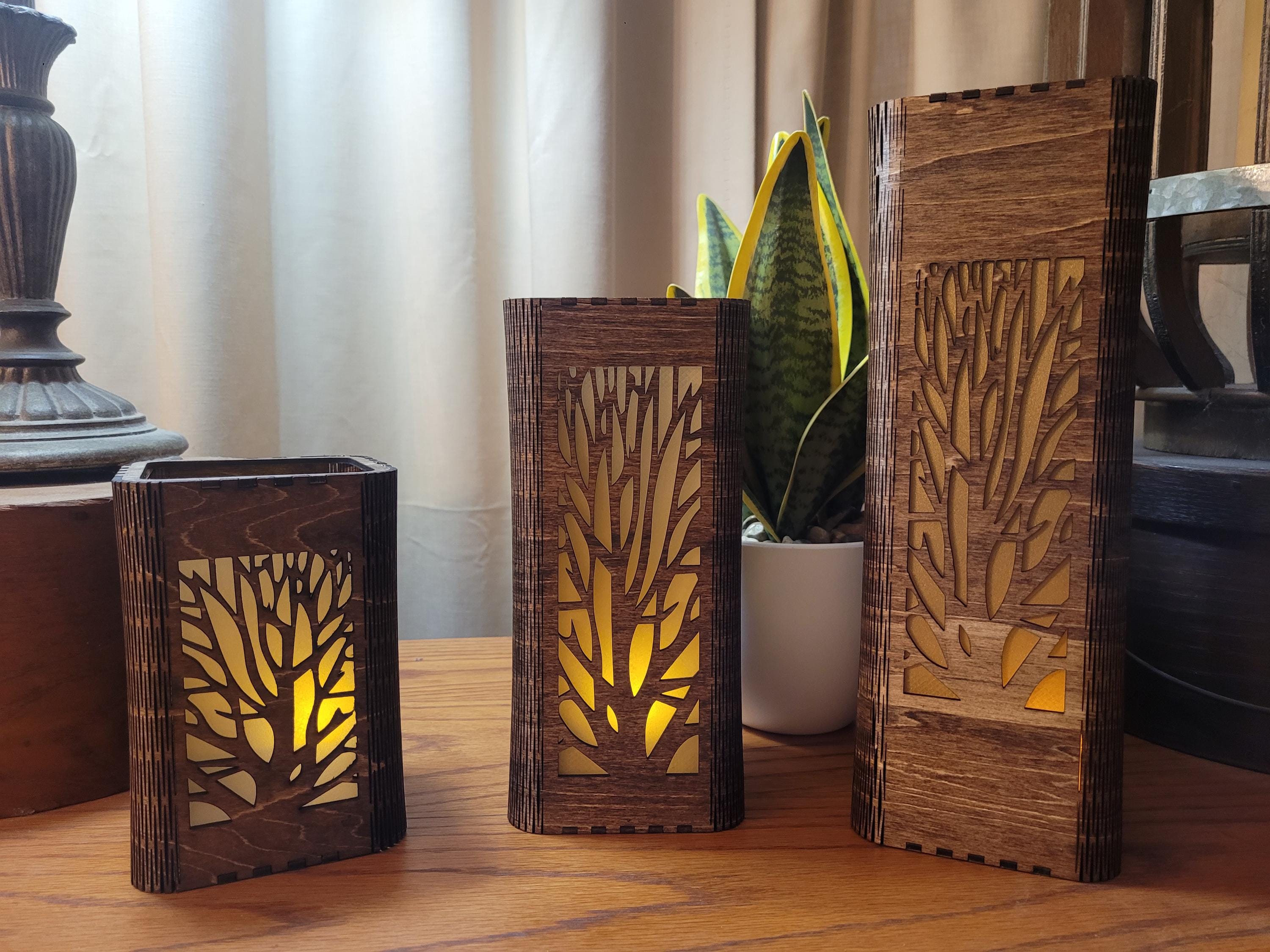 Personalized Tea Light Lantern Set: Engraved Wooden Candle Holders