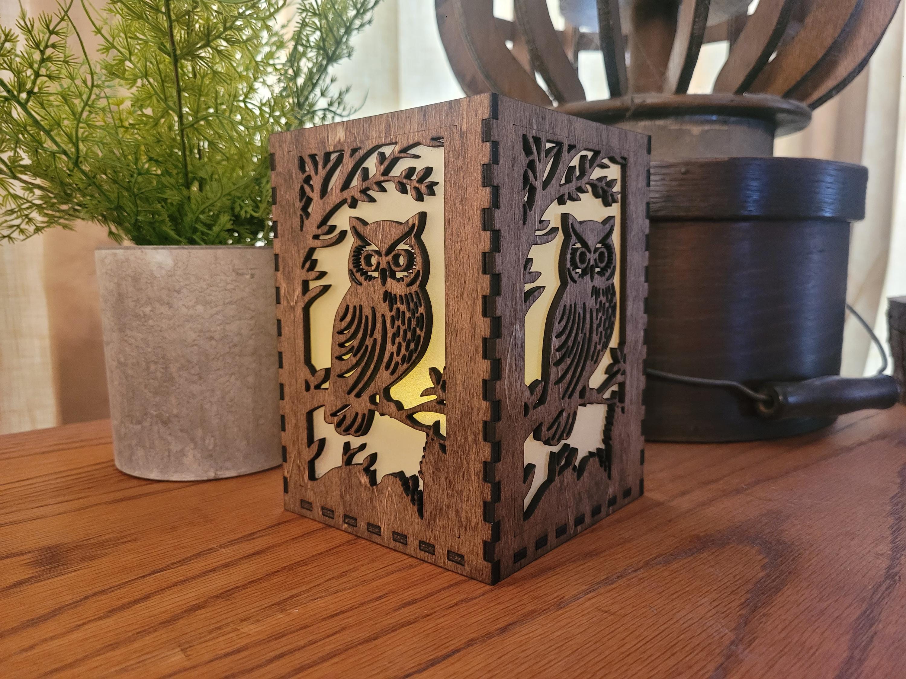 Owl Tea Light Lantern: Personalized Laser Cut Wood Lantern. Unique Housewarming & Birthday Gift