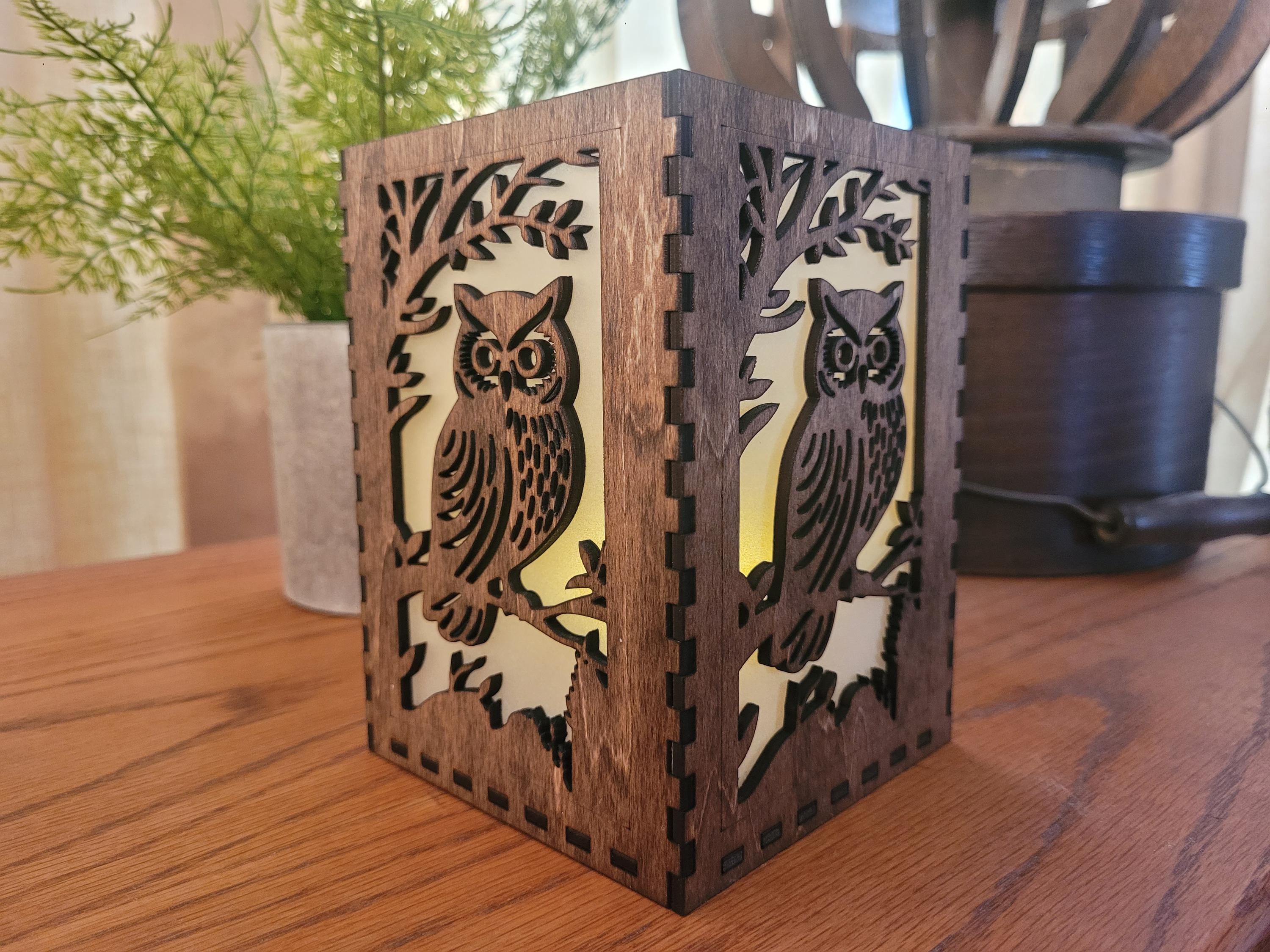 Owl Tea Light Lantern: Personalized Laser Cut Wood Lantern. Unique Housewarming & Birthday Gift
