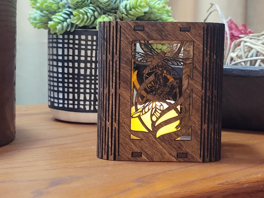 Dragonfly Tea Light Lantern: Laser Cut corners. Wooden Candle Holder. Unique Housewarming & Birthday Gift