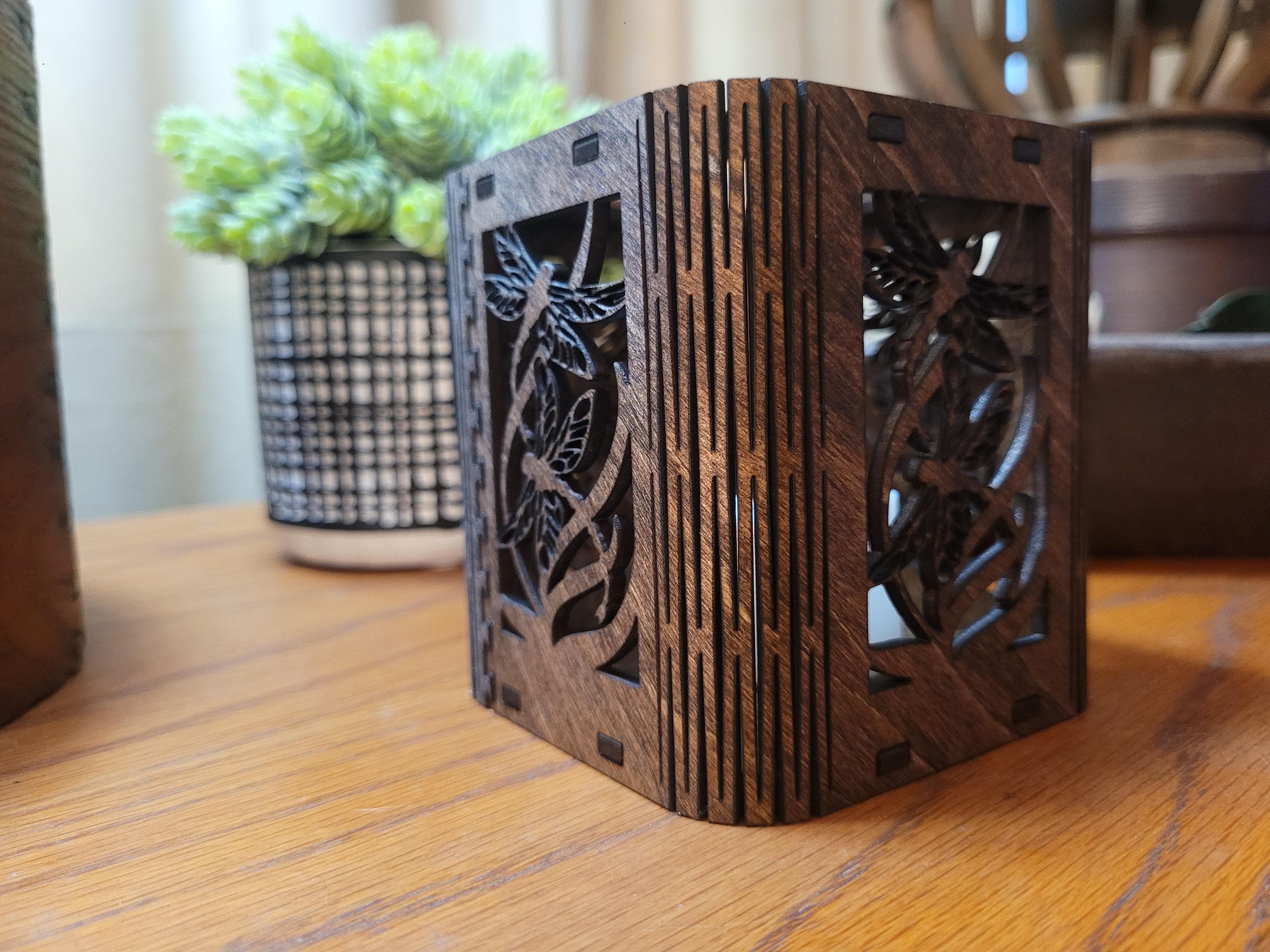 Dragonfly Tea Light Lantern: Laser Cut corners. Wooden Candle Holder. Unique Housewarming & Birthday Gift
