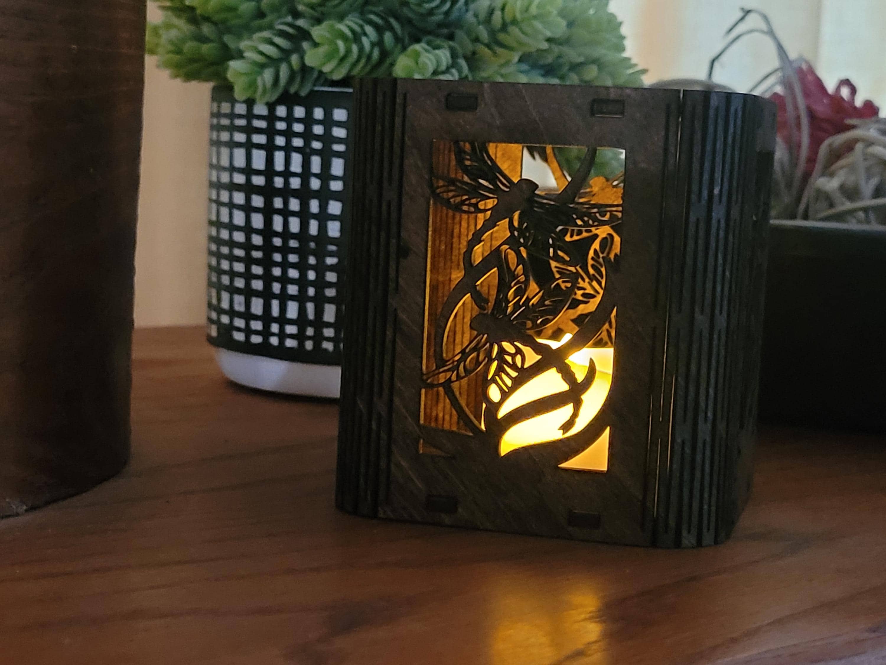 Dragonfly Tea Light Lantern: Laser Cut corners. Wooden Candle Holder. Unique Housewarming & Birthday Gift