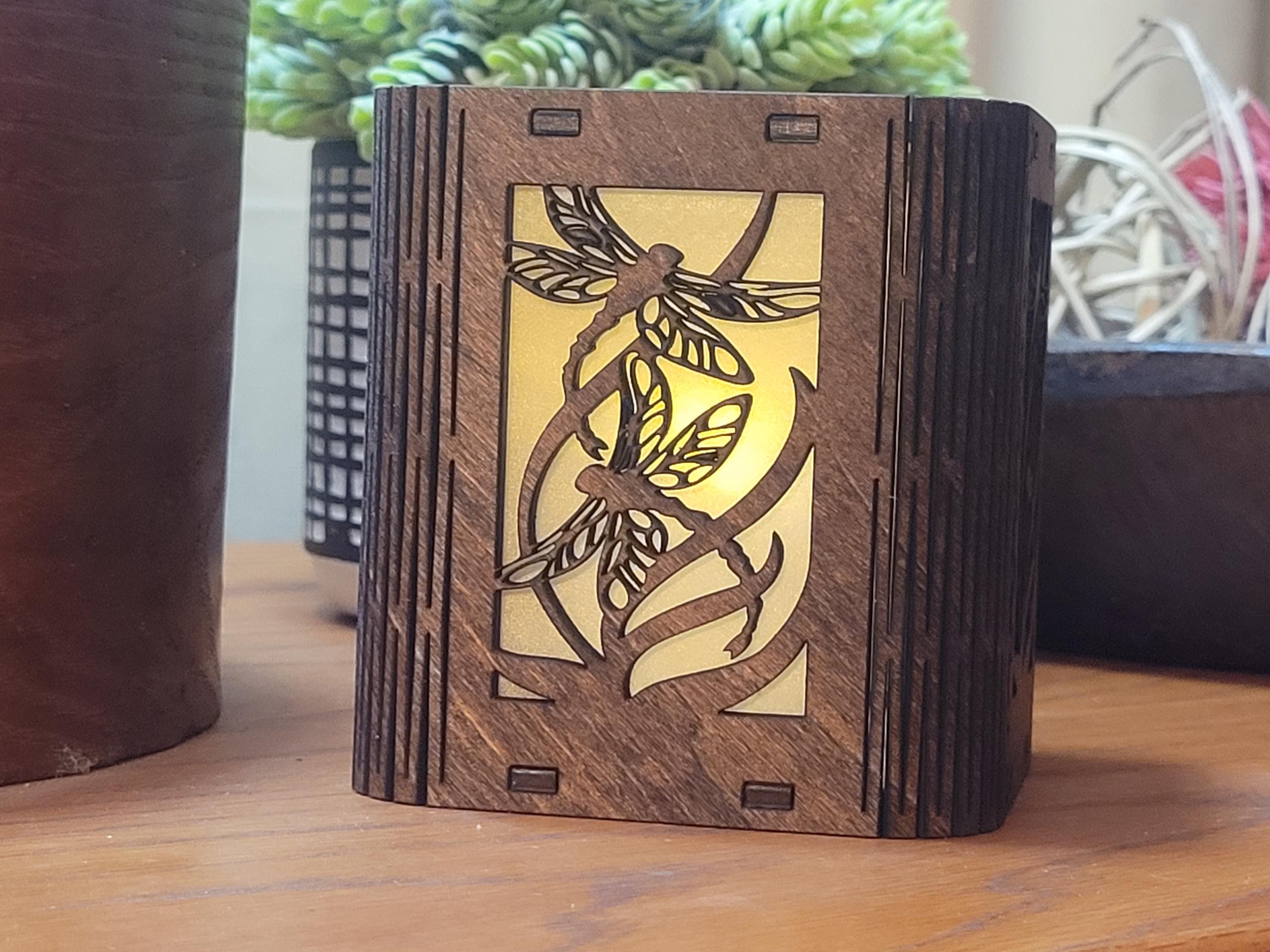 Dragonfly Tea Light Lantern: Laser Cut corners. Wooden Candle Holder. Unique Housewarming & Birthday Gift