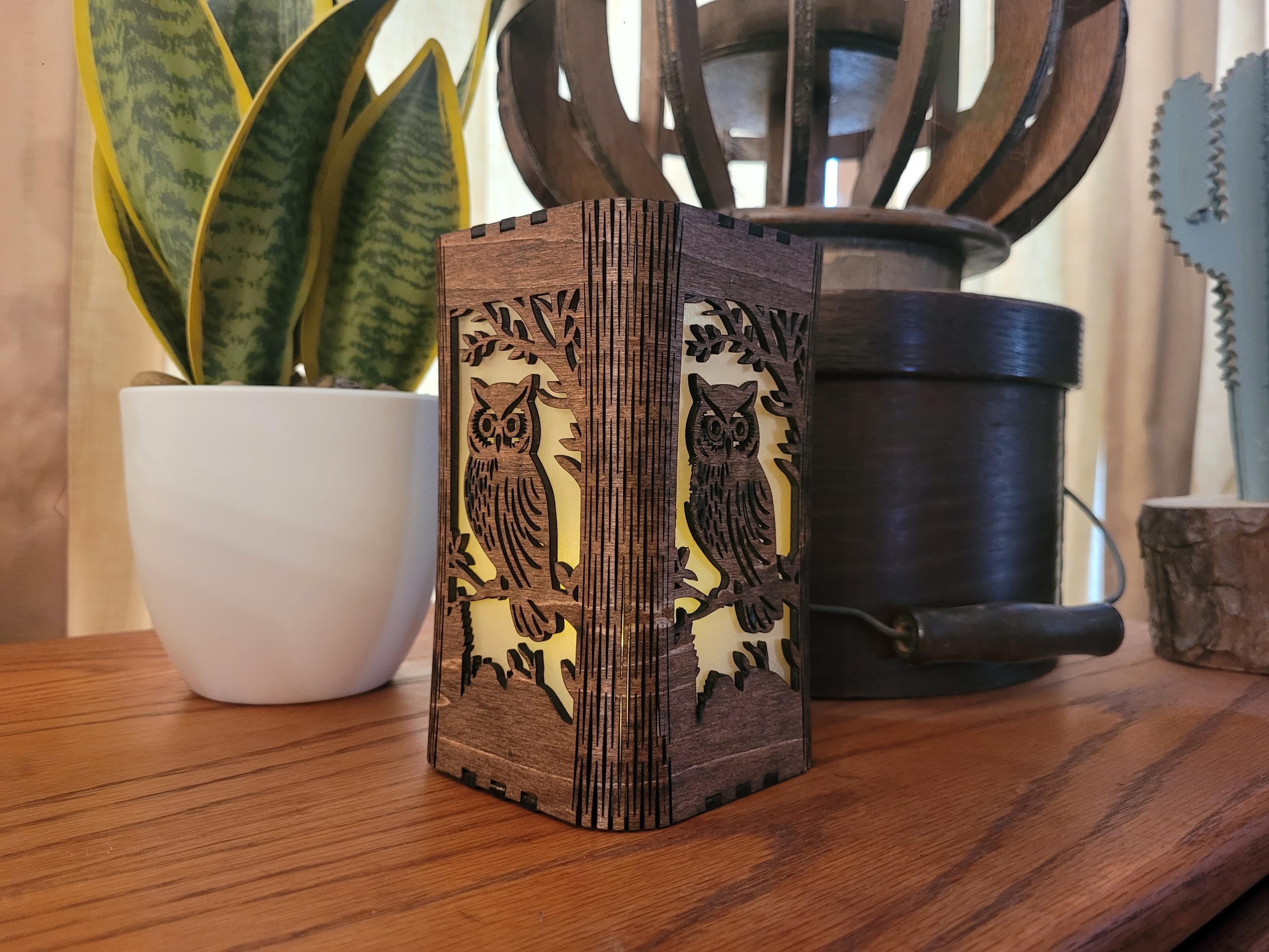 Owl Tea Light Lantern. Cute Owl in Tree. Personalized Anniversary Gift. Custom Engraved Lantern