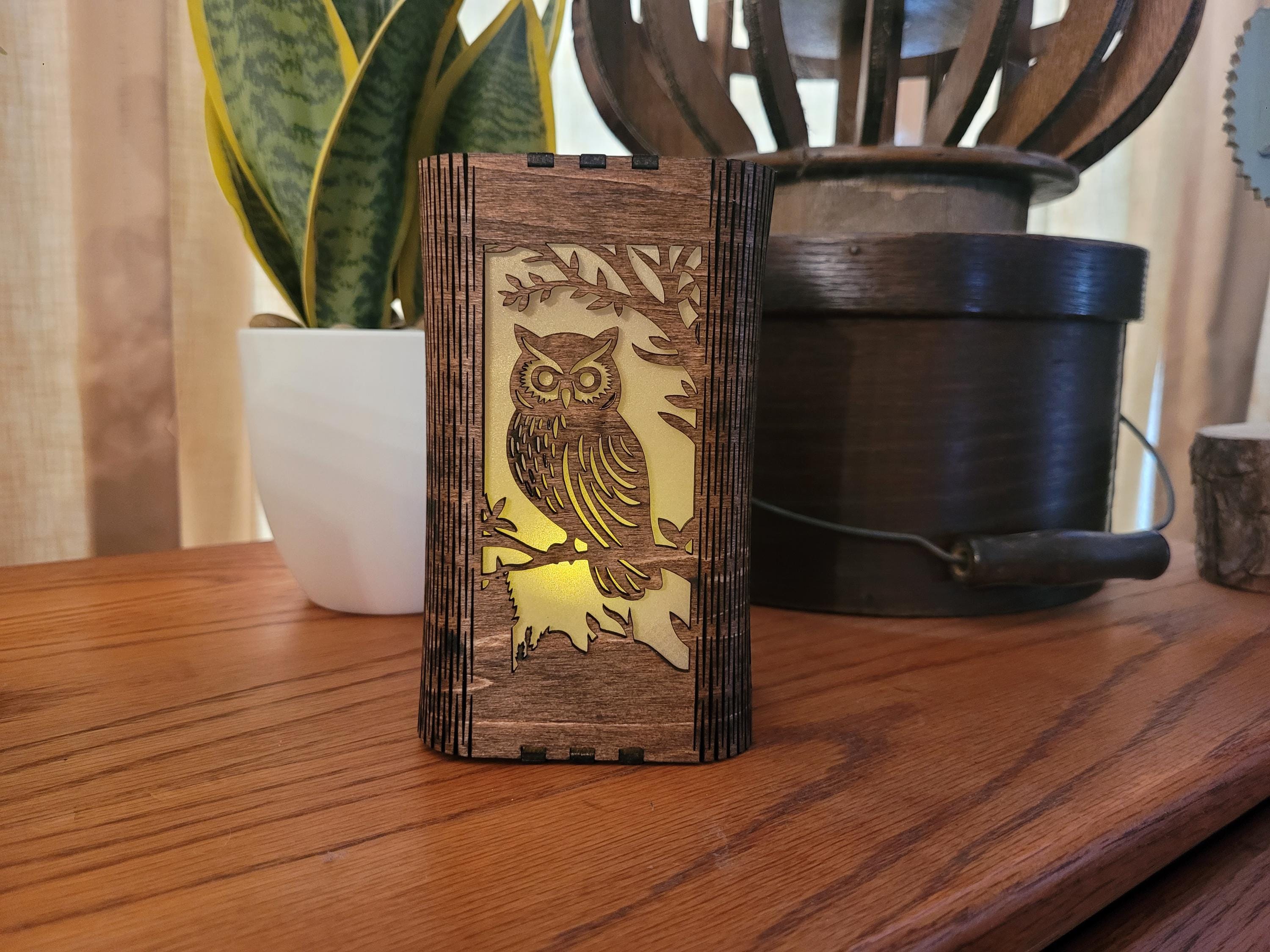 Owl Tea Light Lantern. Cute Owl in Tree. Personalized Anniversary Gift. Custom Engraved Lantern
