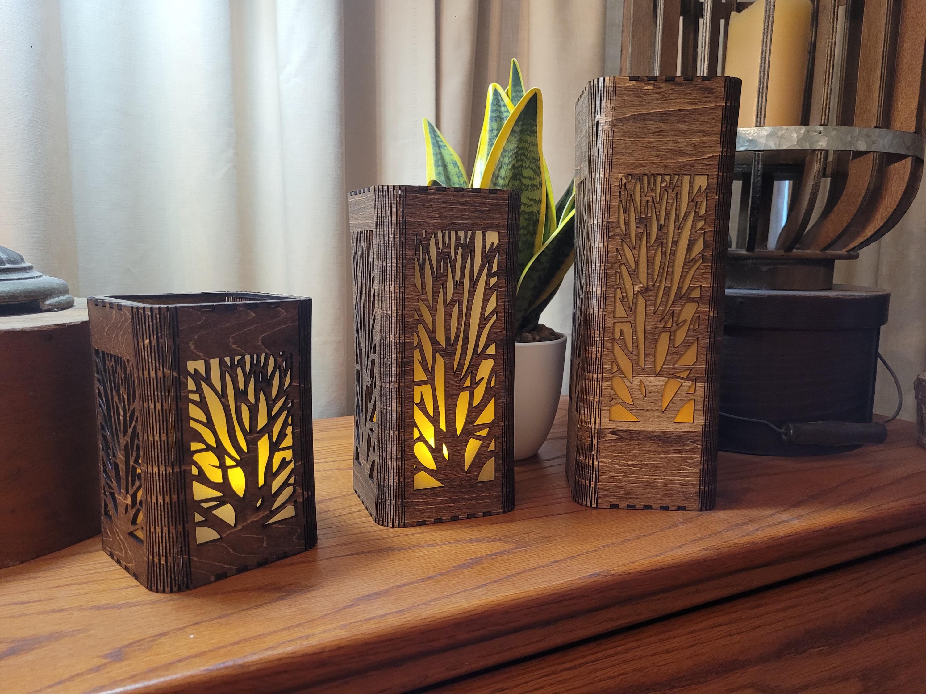 Personalized Tea Light Lantern Set: Engraved Wooden Candle Holders