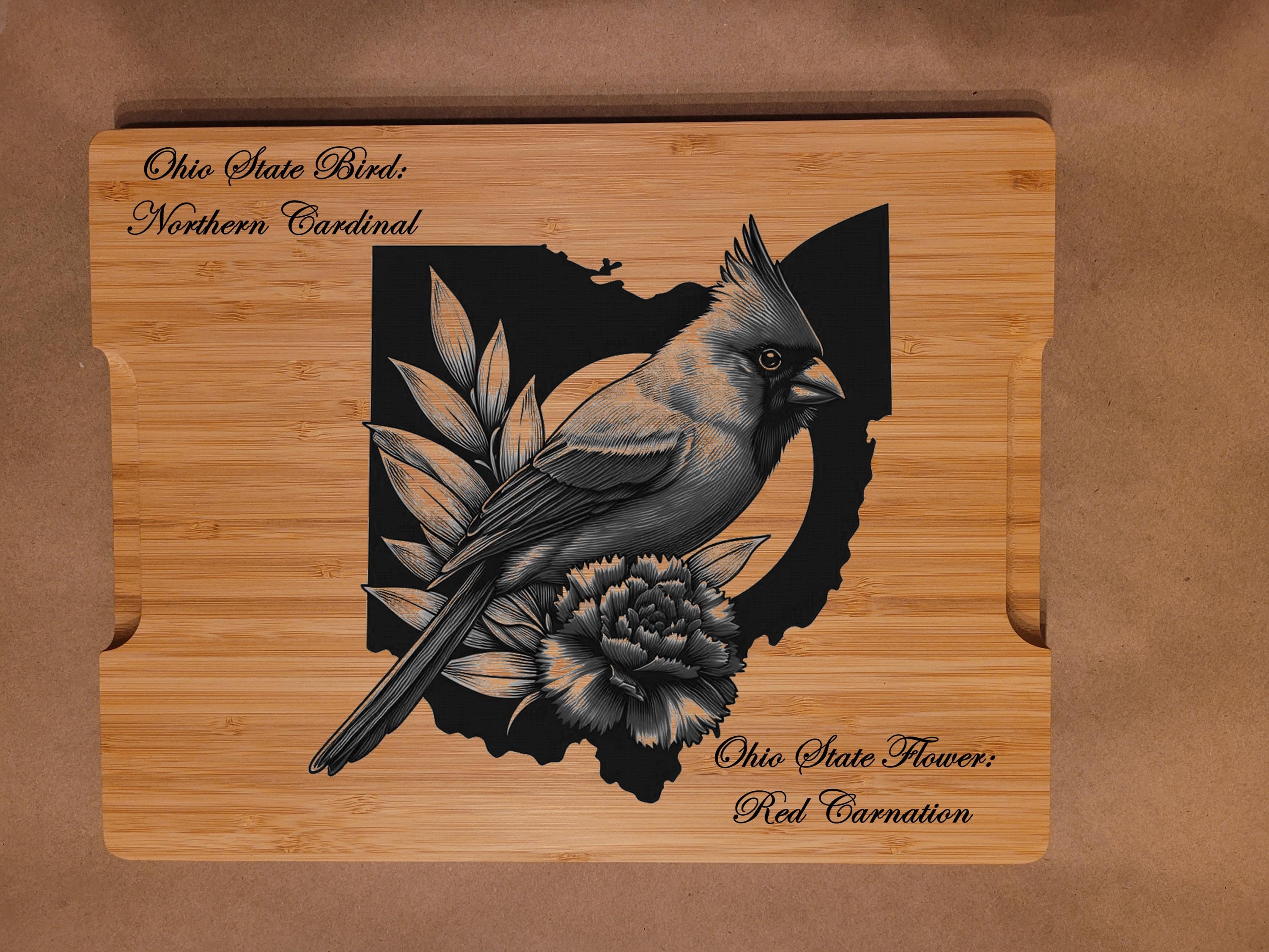 Personalized Ohio Cutting Board: State Bird & Flower Engraved Bamboo