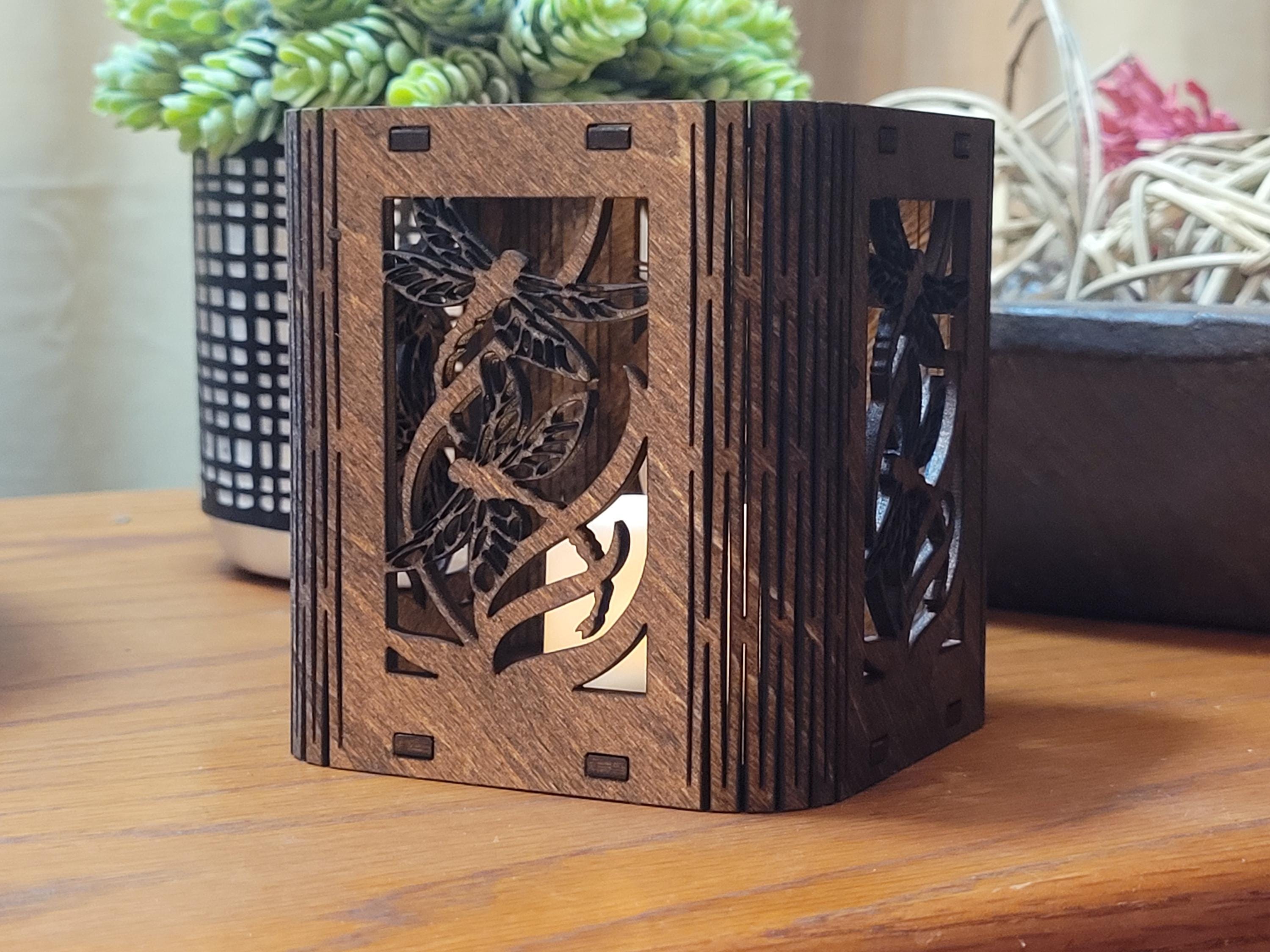 Dragonfly Tea Light Lantern: Laser Cut corners. Wooden Candle Holder. Unique Housewarming & Birthday Gift